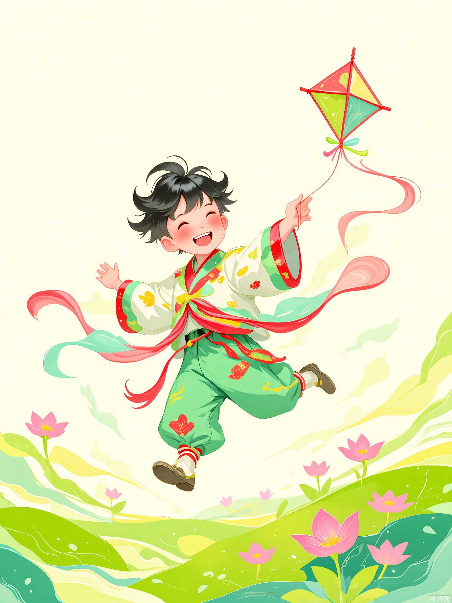 GFYQ, A celadon-glazed style digital illustration of a lively child with a big smile. His short, black hair is sticking up, and he wears a celadon and red cotton outfit with animal patterns. He runs in a field, holding a kite in his left hand, while his right hand is waving. The background is minimalistic, with soft celadon and bright yellow hues, showing a sunny sky and green grass. The style is inspired by Chinese children's illustrations with a celadon glaze, featuring playful lines and a joyful, carefree atmosphere. The child has an innocent and energetic expression, and the overall composition exudes happiness and vitality.
