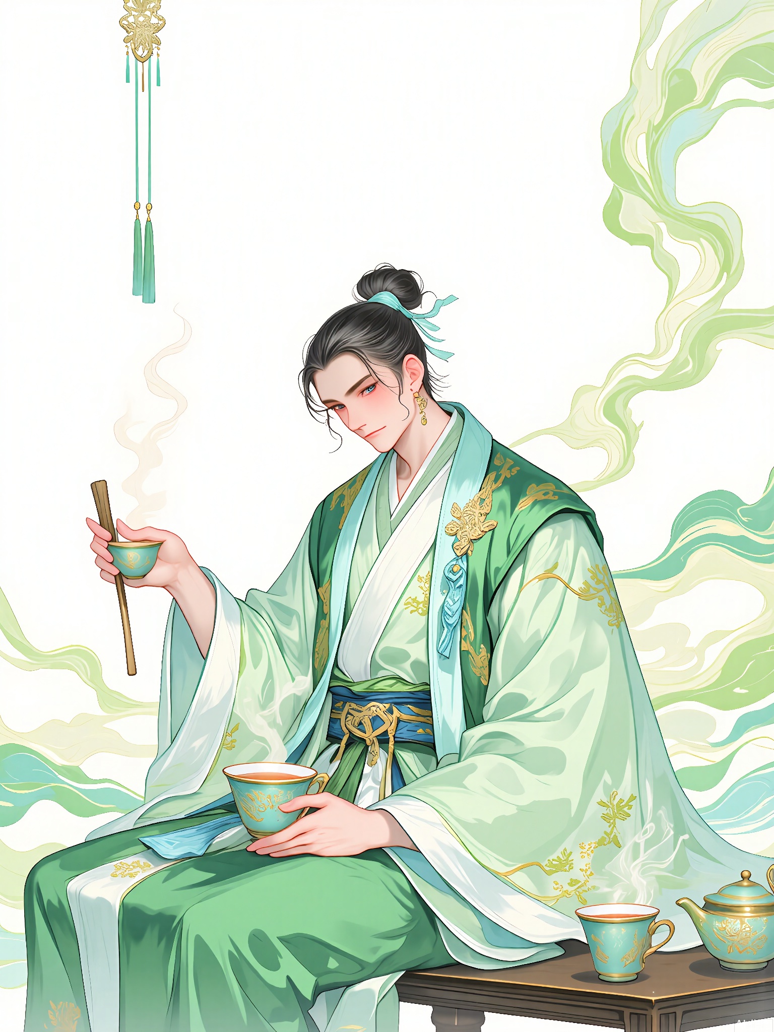 GFYQ, A celadon-glazed style digital illustration of a gentle tea master with a calm face. His long, black hair is tied up with a blue ribbon, and he wears a celadon and white silk robe with tea-leaf patterns. He sits in a tea house, holding a tea whisk in his left hand, while his right hand pours tea into a cup. The background is minimalistic, with soft celadon and light brown hues, showing a traditional Chinese tea set. The style is reminiscent of Chinese tea culture illustrations with a celadon glaze, featuring refined lines and a serene, meditative atmosphere. The tea master has a peaceful and focused expression, and the overall composition exudes elegance and the art of tea.
