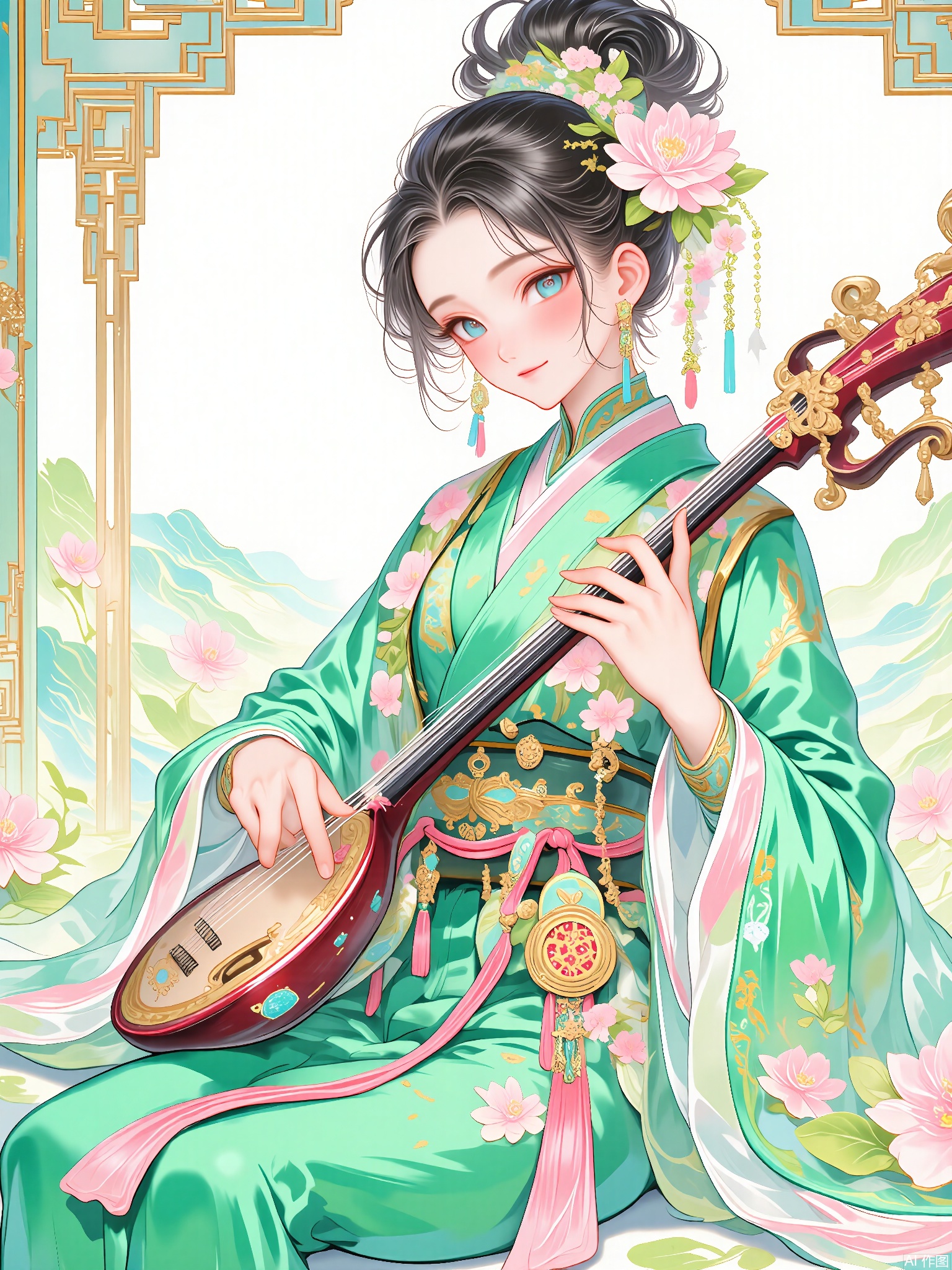 GFYQ, A celadon-glazed style digital illustration of a charming courtesan with a seductive smile. Her long, black hair is adorned with pink and white flowers, and she wears a celadon and pink silk kimono with floral patterns. She plays a guqin in a pavilion, holding the instrument in her left hand, while her right hand plucks the strings. The background is minimalistic, with soft celadon and soft pink hues, showing a view of a blooming garden. The style is reminiscent of Chinese courtesan illustrations with a celadon glaze, featuring delicate lines and a romantic, alluring atmosphere. The courtesan has a captivating and elegant expression, and the overall composition exudes sensuality and grace.
