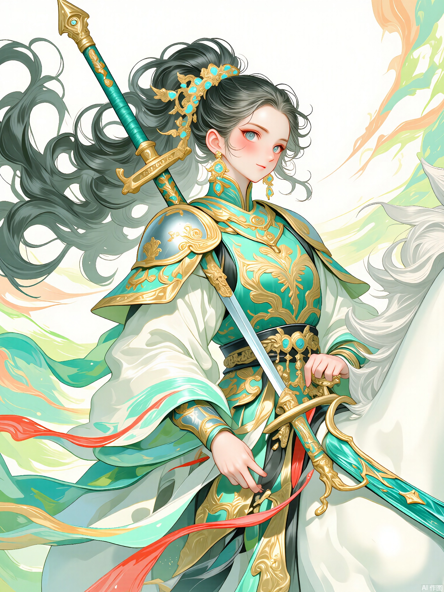 GFYQ, A celadon-glazed style digital illustration of a brave warrior princess with a determined look. Her long, black hair is adorned with a golden hairpin shaped like a sword. She wears a celadon and silver armor with a phoenix crest on her chest. She rides a white horse in a battlefield, holding a long sword in her left hand, while her right hand controls the reins. The background is minimalistic, with soft celadon and orange hues, showing smoke and dust from the battle. The style is reminiscent of Chinese historical war illustrations with a celadon glaze, featuring bold lines and a heroic, epic atmosphere. The warrior princess has a fearless and confident expression, and the entire composition radiates courage and leadership.
