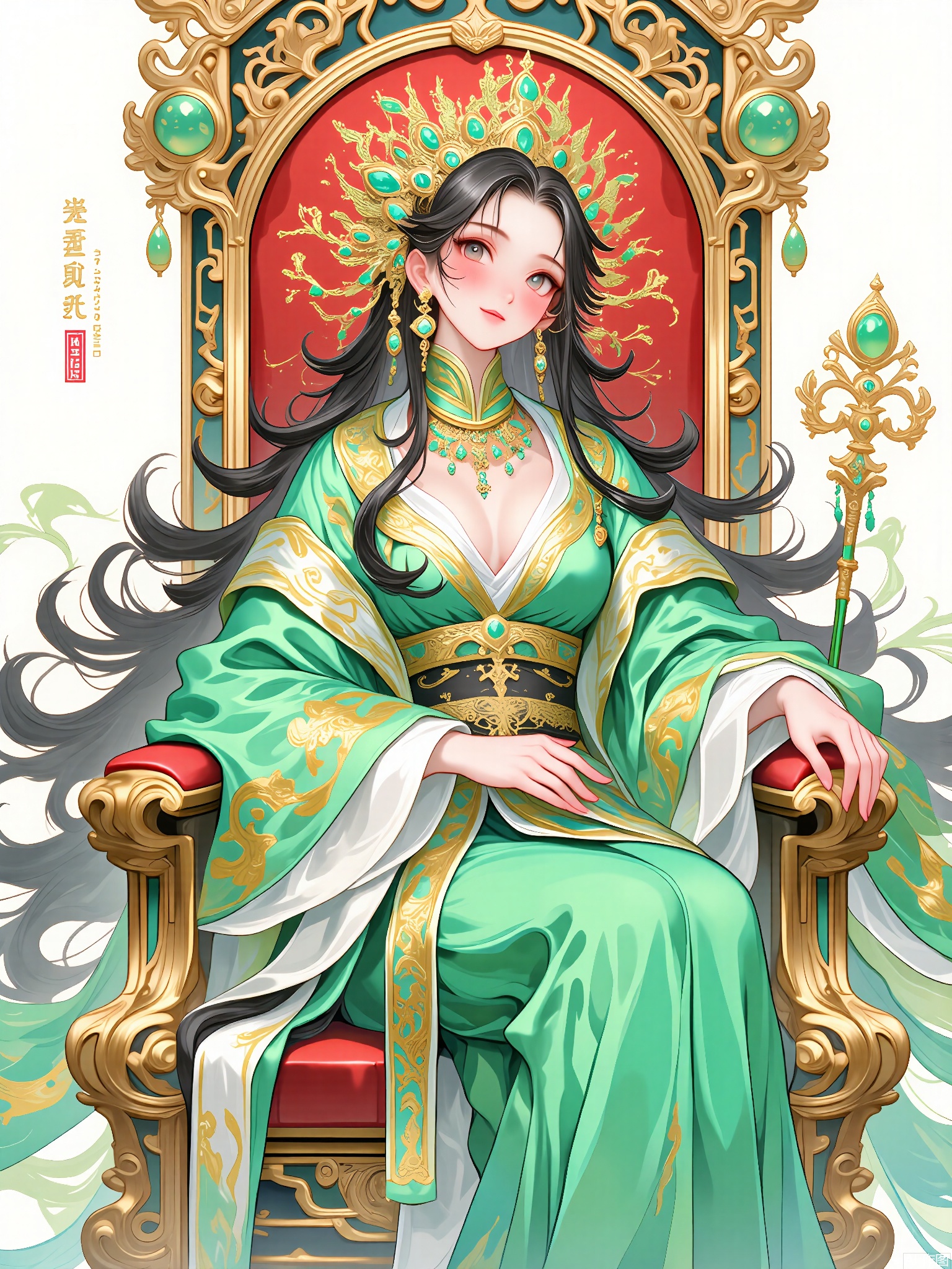 GFYQ, A celadon-glazed style digital illustration of a noble empress with a regal demeanor. Her long, black hair is adorned with a golden crown set with celadon jade. She wears a flowing celadon and gold dragon robe, sitting on a throne. She holds a scepter in her left hand, while her right hand rests on the armrest. The background is minimalistic, with soft celadon and deep red hues, showing a grand palace hall. The style is akin to Chinese imperial paintings with a celadon glaze, featuring grand lines and a majestic, awe-inspiring atmosphere. The empress has a dignified and commanding expression, and the entire composition radiates power and authority.
