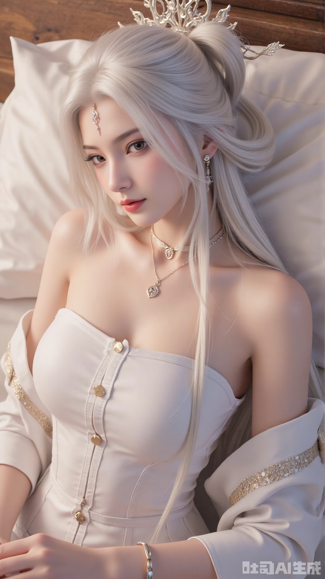 1girl, solo, jewelry, earrings, breasts, necklace, dress, realistic, bare shoulders, looking at viewer, lying, perfect body, scenery, sharp focus, best quality, masterpiece, detailed outfit, illustration, perfect eyes, finely detailed beautiful anime eyes, realistic skin, intricate details, best lighting, depth of field, ultra high resolution, bed, from above