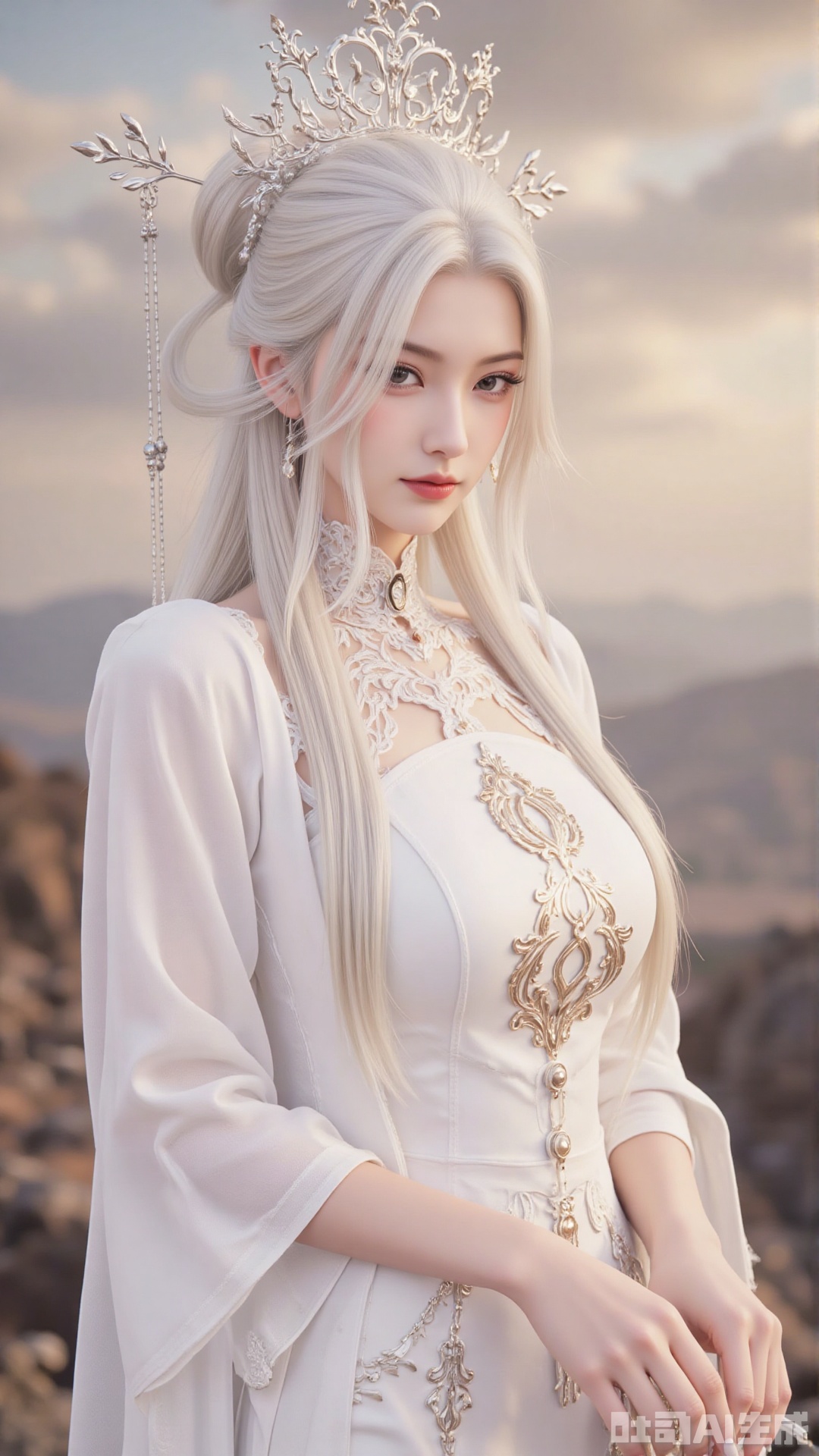 1girl, white wedding dress,looking at viewer, mischevious smile, perfect body, scenery, sharp focus, best quality, masterpiece, detailed outfit, illustration, perfect eyes, finely detailed beautiful anime eyes, realistic skin, intricate details, best lighting, depth of field, ultra high resolution, cowboy_shot, bride