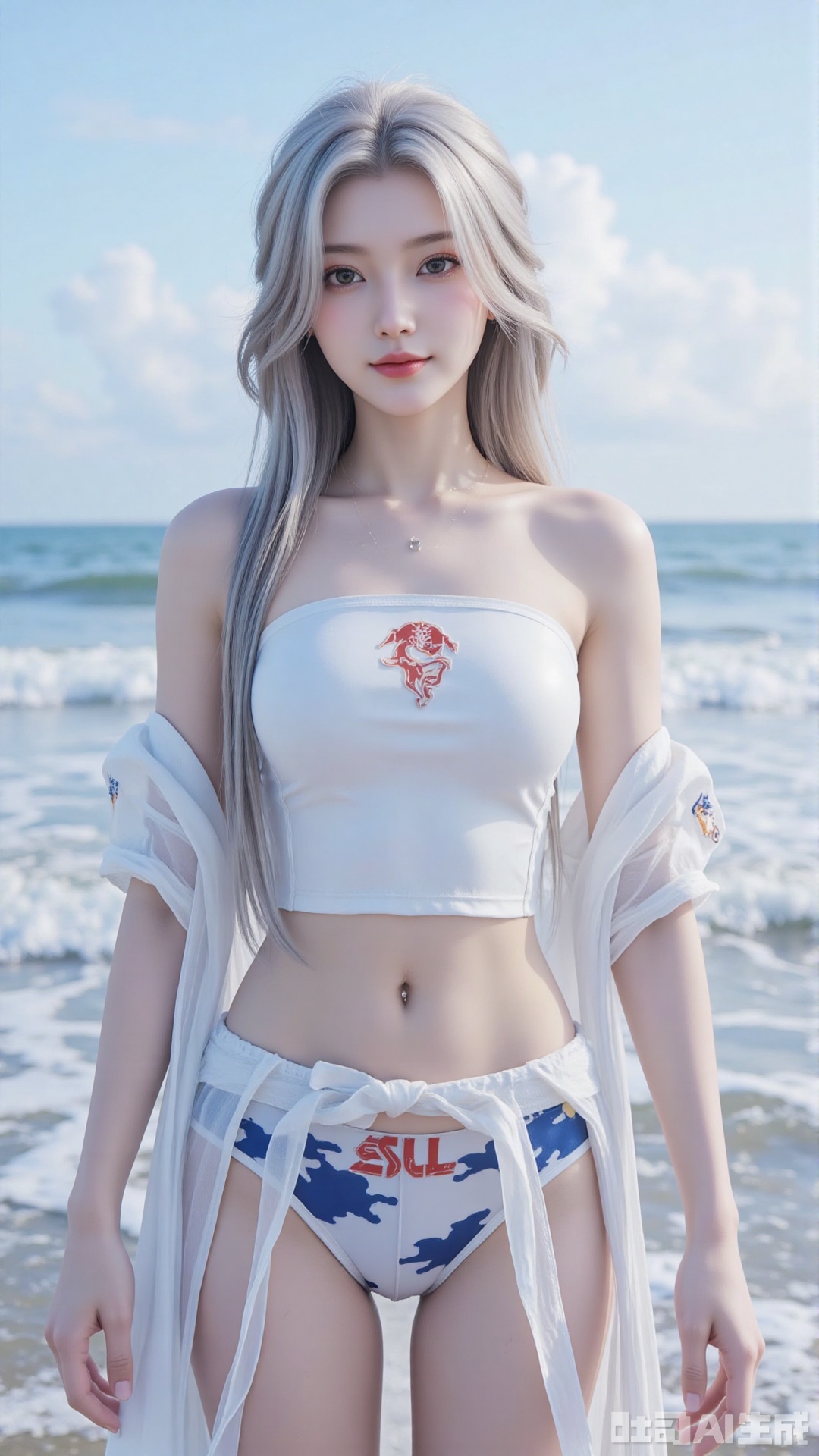 Korean girl, single, showing navel, long hair, thighs, wearing shirt, outdoors, looking at viewer, realistic style, with water and sky, daytime, fair thighs, white tube top, short top, sea, lips, blue sky, short sleeves, smile, clouds, dark eyes, big eyes Eyes, plump breasts, plump breasts, chest, looking at the audience, looking at the screen, bare shoulders, collarbone, standing in the sea, (((upper body red short-sleeved, short top)), (((wearing a translucent The white gauze skirt and blue swimming trunks with the school team logo)) were soaked in the water and were soaked.