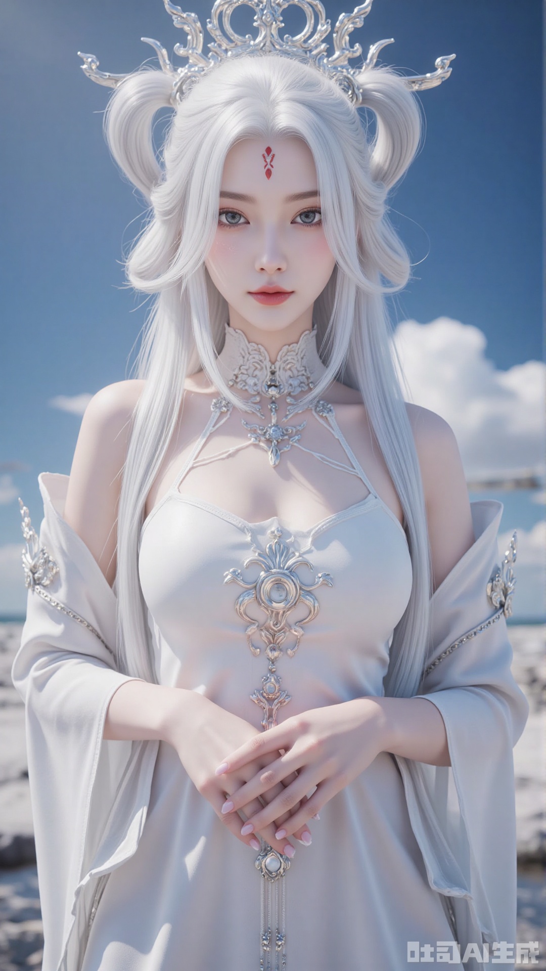 Very detailed face, extremely detailed eyes and face, blue eyes, (vacuum), 8K wallpaper, light leak, beautiful and detailed girl, extremely detailed CGUnity8K wallpaper, an extremely detailed and beautiful, beautiful and detailed eyes, masterpiece, best quality, Real photo level, (frontal shooting panoramic perspective), ( (Full body photo)), dynamic angle, dynamic pose, solo, ancient style silver hairpin with petals, blue sky and white clouds, (C cup), (huge round breasts), slender legs, super good figure, stunning beauty, (whole body in the mirror) , (wearing Lolita nightgown), (light reflects the shadow of the body through the clothes),vacuum,bare and smooth
