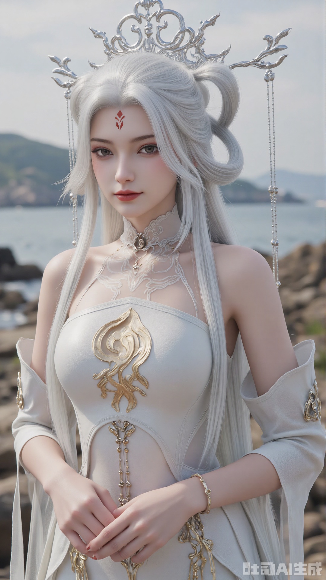 1girl, solo, jewelry, hair ornament, forehead mark, dress, bracelet, long hair, white hair, facial mark, bare_shoulders, mischevious smile, perfect body, scenery, sharp focus, best quality, masterpiece, detailed outfit, illustration, perfect eyes, finely detailed beautiful anime eyes, realistic skin, intricate details, best lighting, depth of field, ultra high resolution,cowboy_shot