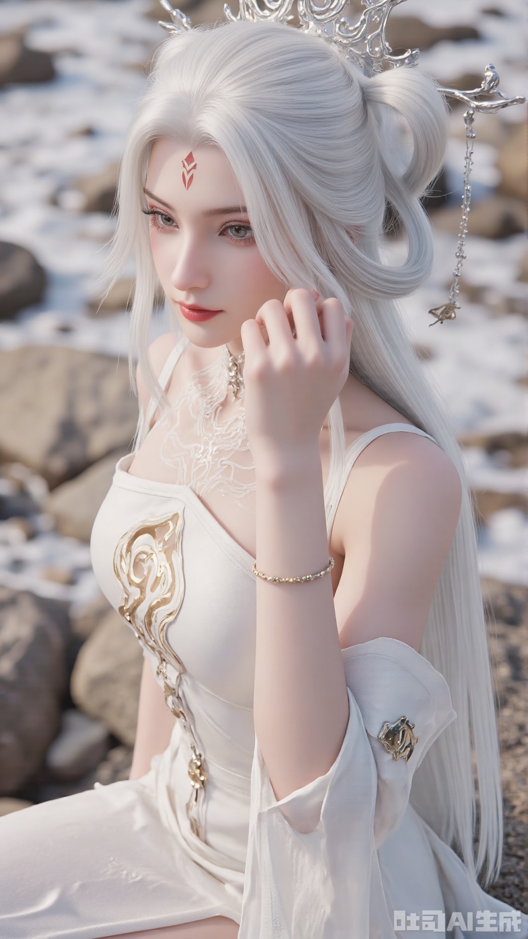 1girl, solo, jewelry, hair ornament, forehead mark, dress, bracelet, long hair, white hair, facial mark, bare_shoulders, mischevious smile, perfect body, scenery, sharp focus, best quality, masterpiece, detailed outfit, illustration, perfect eyes, finely detailed beautiful anime eyes, realistic skin, intricate details, best lighting, depth of field, ultra high resolution,sitting 
