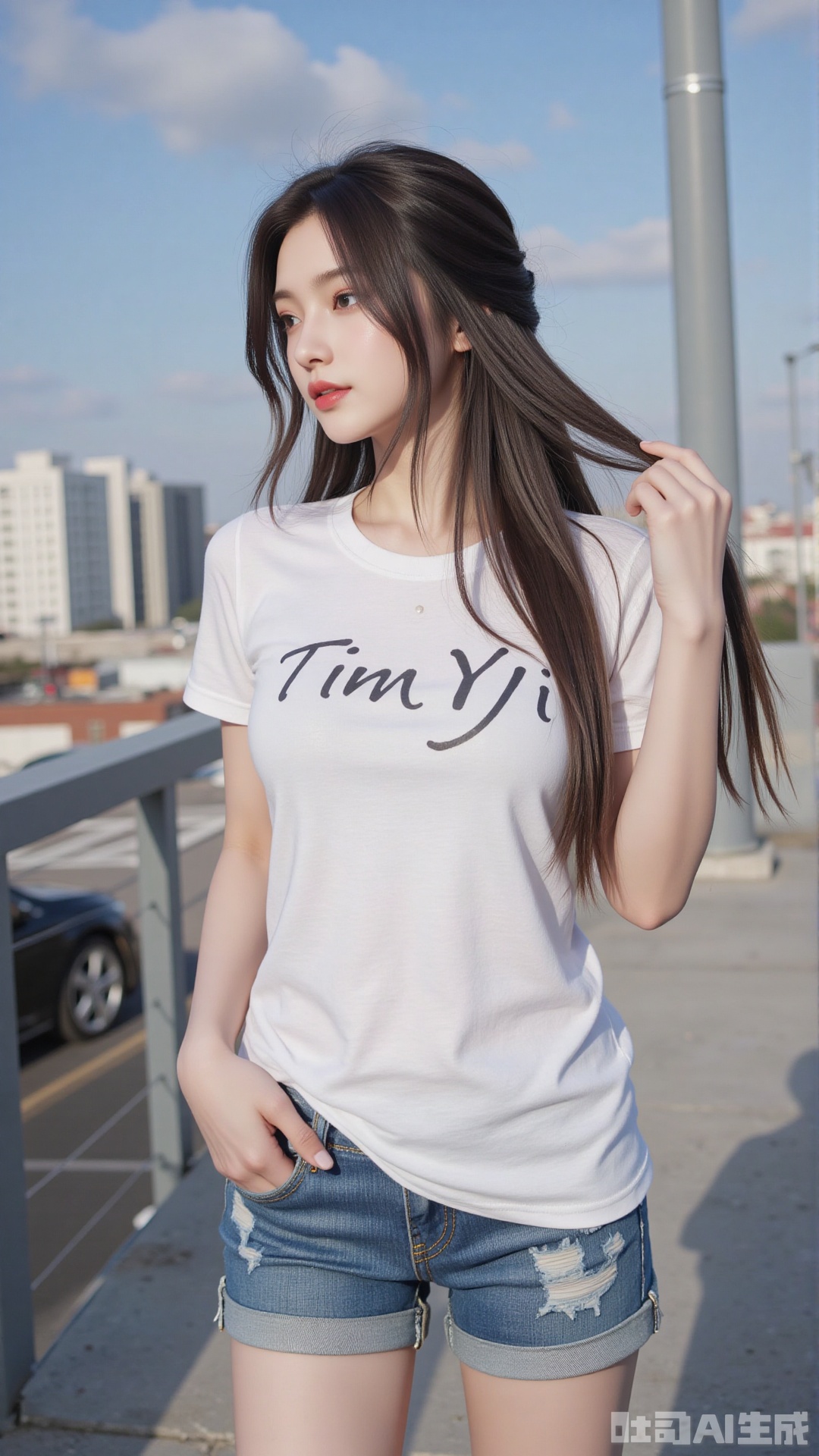 White t-shirt with ”Tim_Yi“ written on it, jeans shorts,1girl