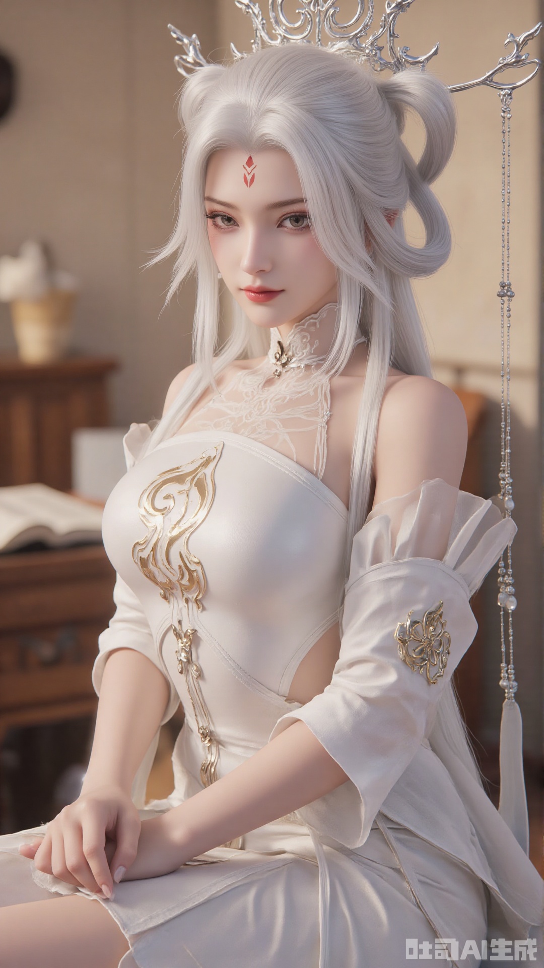 1girl, solo, jewelry, hair ornament, forehead mark, dress, bracelet, long hair, white hair, facial mark, bare_shoulders, mischevious smile, perfect body, scenery, sharp focus, best quality, masterpiece, detailed outfit, illustration, perfect eyes, finely detailed beautiful anime eyes, realistic skin, intricate details, best lighting, depth of field, ultra high resolution,cowboy_shot