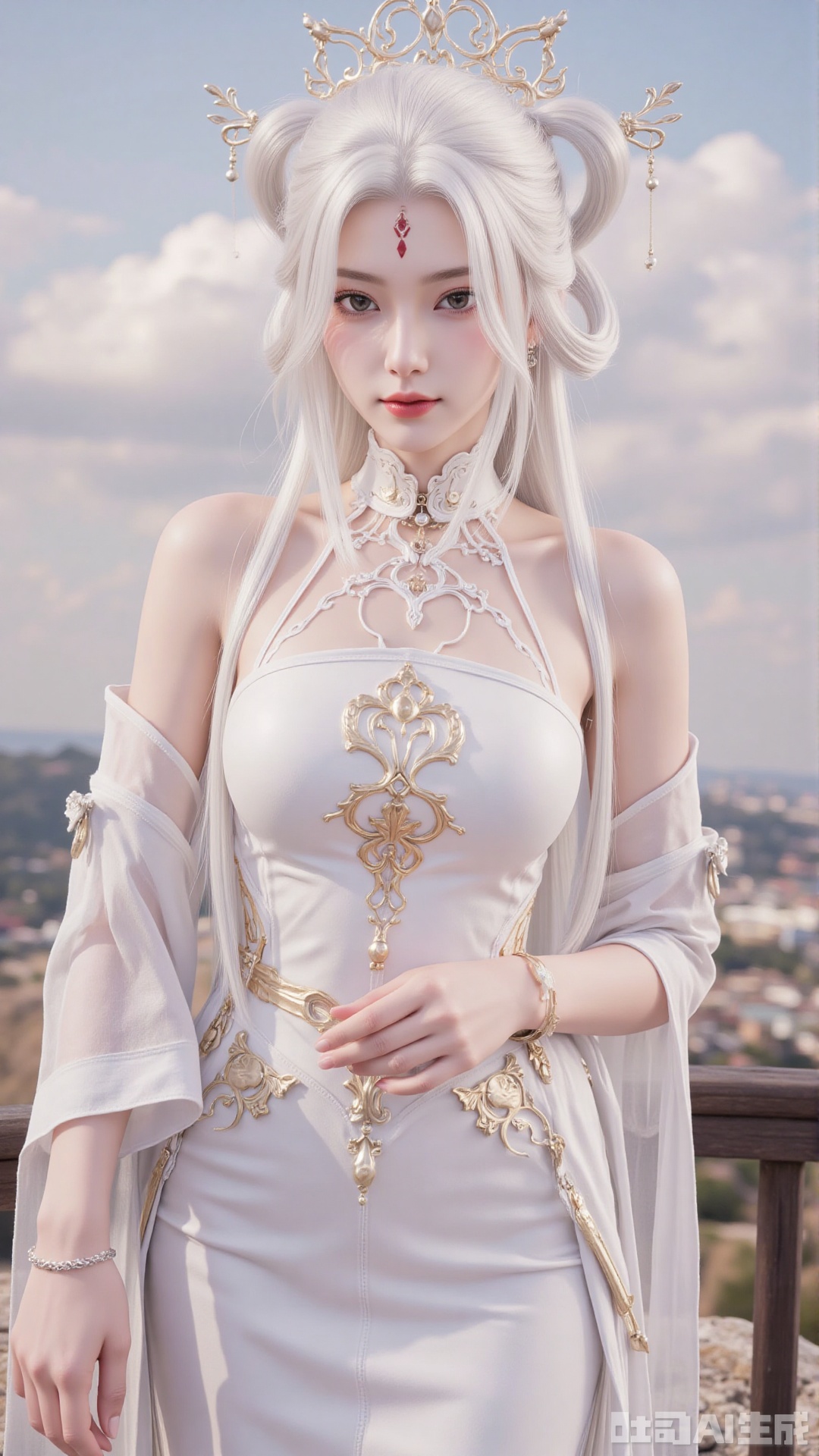 1girl, solo, jewelry, hair ornament, forehead mark, dress, bracelet, long hair, white hair, facial mark, bare_shoulders, mischevious smile, perfect body, scenery, sharp focus, best quality, masterpiece, detailed outfit, illustration, perfect eyes, finely detailed beautiful anime eyes, realistic skin, intricate details, best lighting, depth of field, ultra high resolution,cowboy_shot