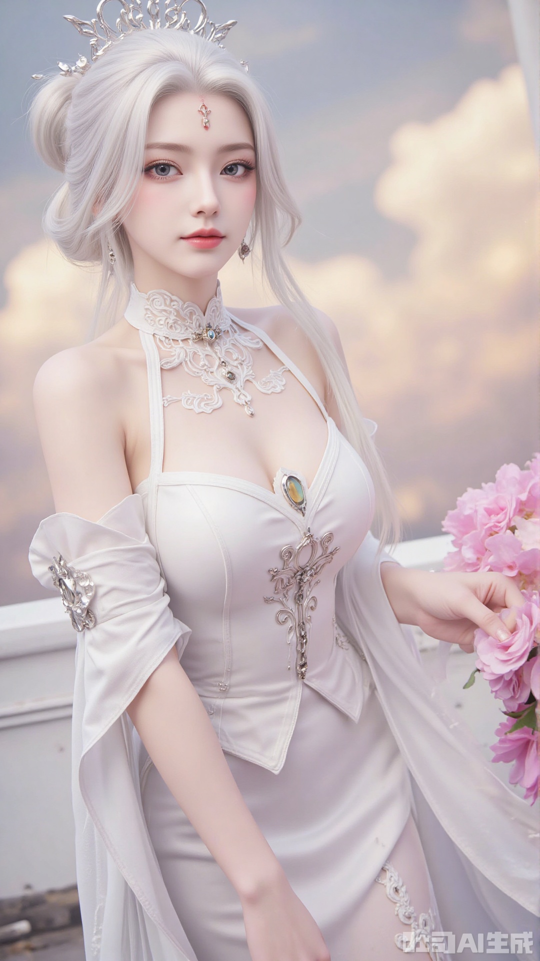 1girl, white wedding dress,looking at viewer, mischevious smile, perfect body, scenery, sharp focus, best quality, masterpiece, detailed outfit, illustration, perfect eyes, finely detailed beautiful anime eyes, realistic skin, intricate details, best lighting, depth of field, ultra high resolution, cowboy_shot, bride