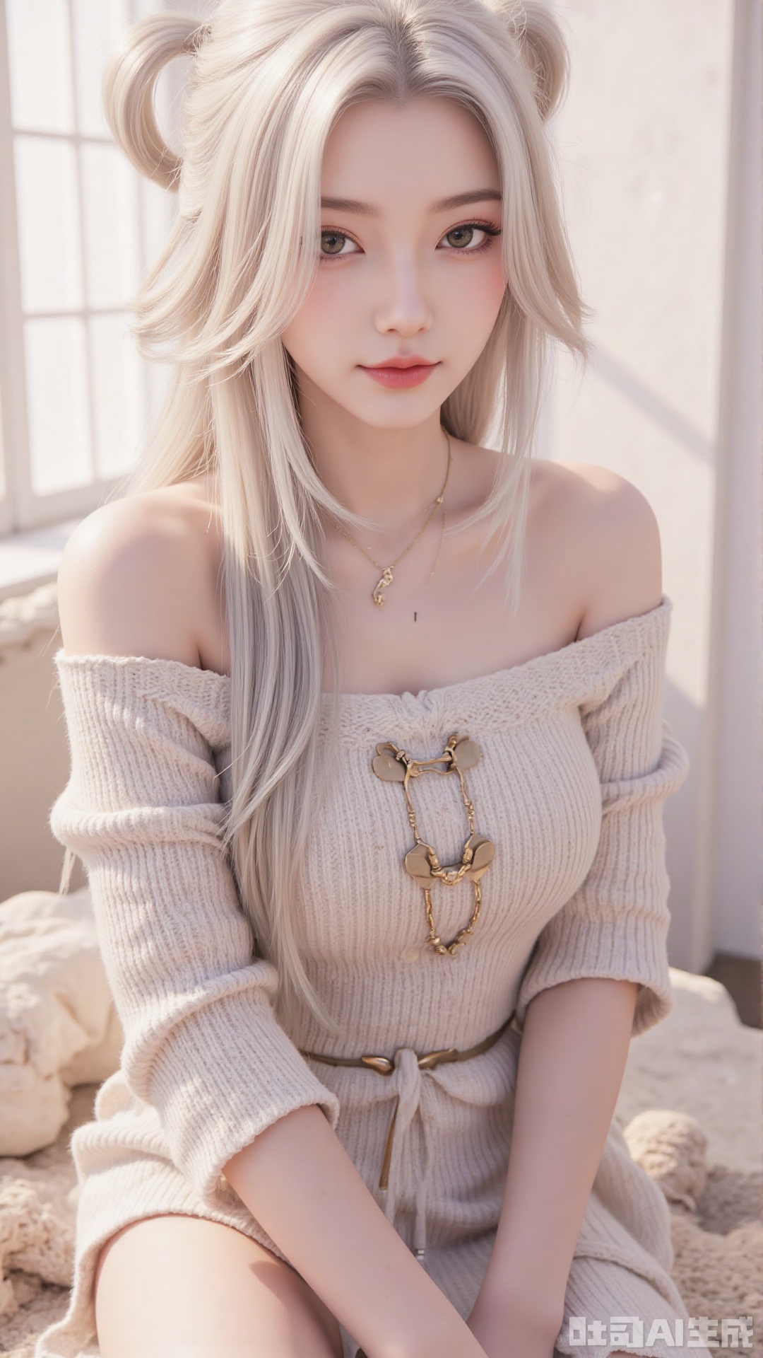 1girl, solo, long hair, looking at viewer, smile, sitting, collarbone, off shoulder, sweater, messy hair, realistic