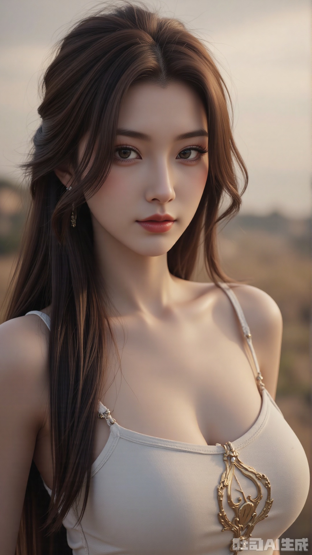  a asian woman, sexy long hair, blue eyes, charming and seductive temperament, distant close-up, golden ratio, movie texture, minimalism, high-end feeling, strong contrast between cold and warm, outdoor scenes, 