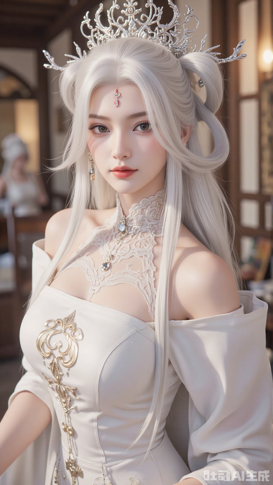 1girl, white wedding dress,looking at viewer, mischevious smile, perfect body, scenery, sharp focus, best quality, masterpiece, detailed outfit, illustration, perfect eyes, finely detailed beautiful anime eyes, realistic skin, intricate details, best lighting, depth of field, ultra high resolution, cowboy_shot, bride