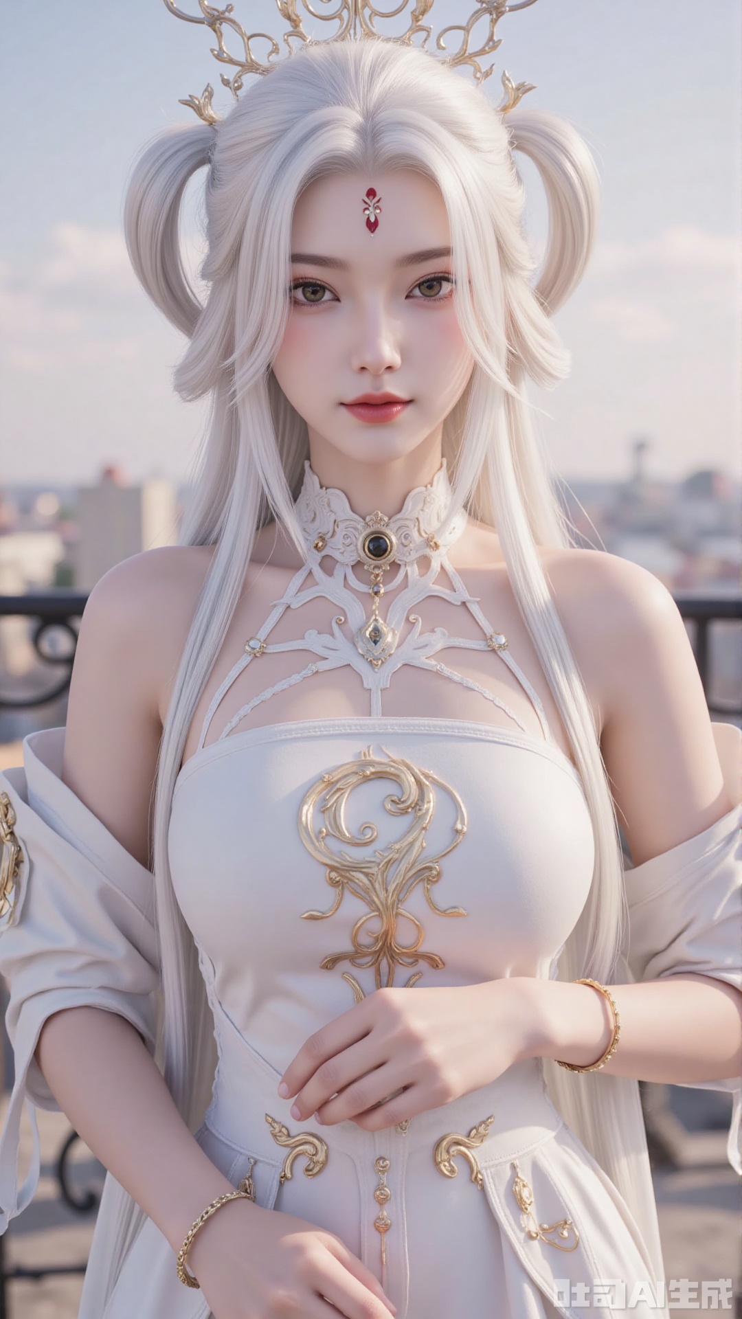1girl, solo, jewelry, hair ornament, forehead mark, dress, bracelet, long hair, white hair, facial mark, bare_shoulders, mischevious smile, perfect body, scenery, sharp focus, best quality, masterpiece, detailed outfit, illustration, perfect eyes, finely detailed beautiful anime eyes, realistic skin, intricate details, best lighting, depth of field, ultra high resolution,cowboy_shot