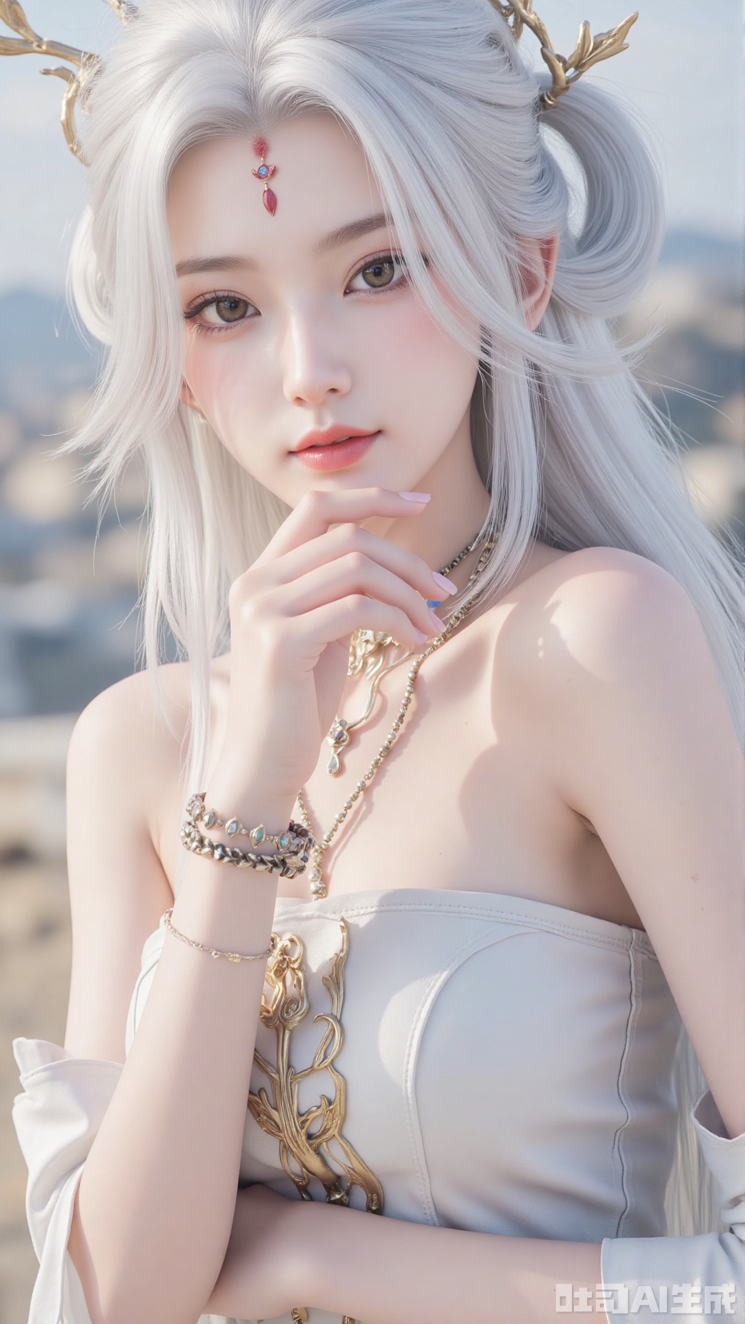 1girl, solo, jewelry, hair ornament, forehead mark, dress, bracelet, long hair, white hair, facial mark, bare_shoulders, mischevious smile, perfect body, scenery, sharp focus, best quality, masterpiece, detailed outfit, illustration, perfect eyes, finely detailed beautiful anime eyes, realistic skin, intricate details, best lighting, depth of field, ultra high resolution,cowboy_shot
