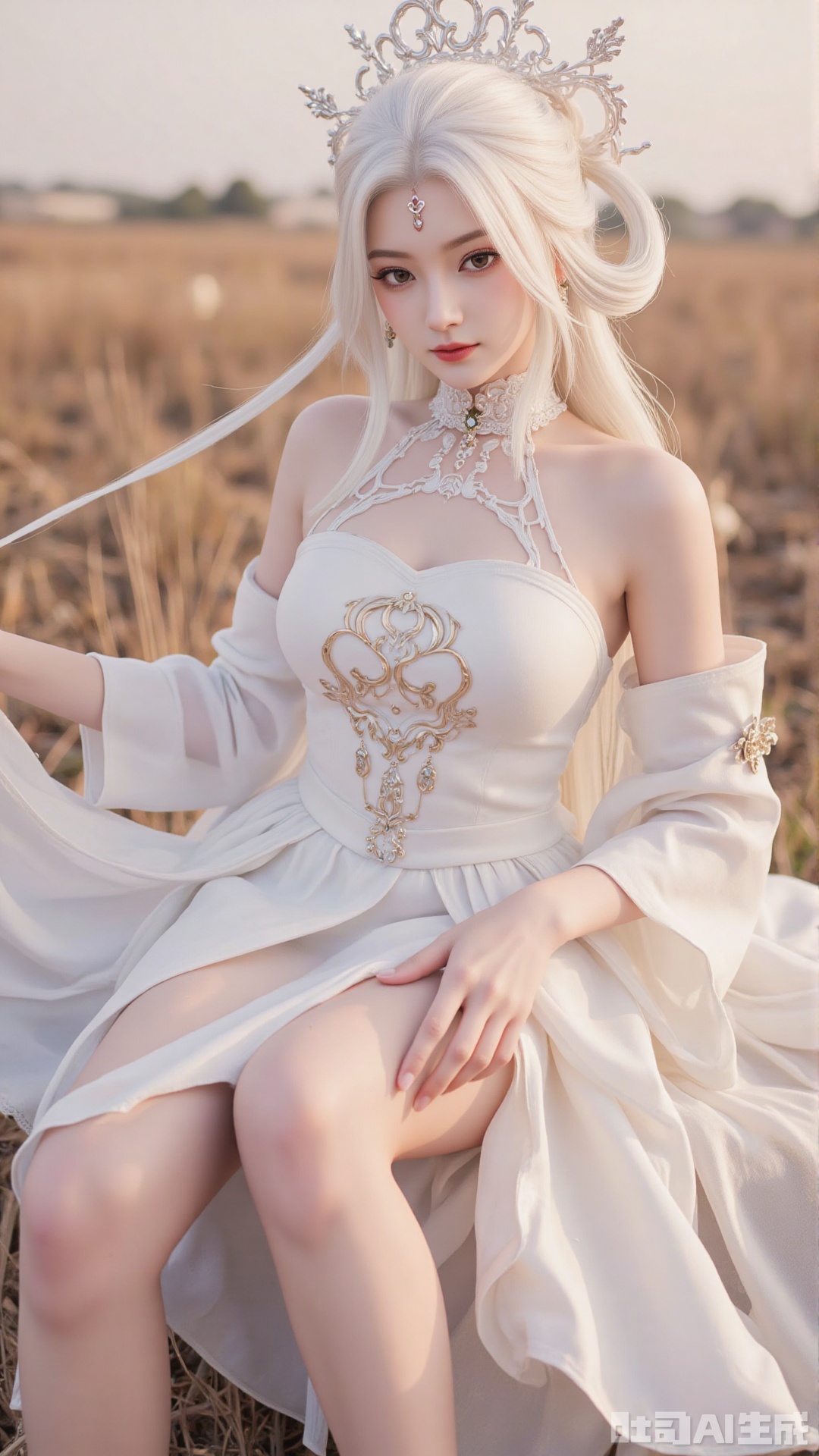 1girl, white wedding dress,looking at viewer, mischevious smile, perfect body, scenery, sharp focus, best quality, masterpiece, detailed outfit, illustration, perfect eyes, finely detailed beautiful anime eyes, realistic skin, intricate details, best lighting, depth of field, ultra high resolution, cowboy_shot, bride
