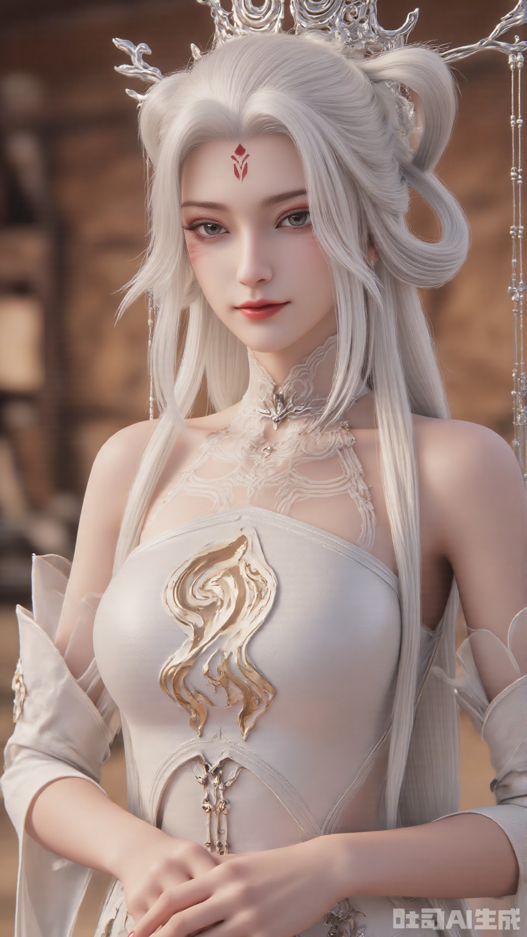 1girl, solo, jewelry, hair ornament, forehead mark, dress, bracelet, long hair, white hair, facial mark, bare_shoulders, mischevious smile, perfect body, scenery, sharp focus, best quality, masterpiece, detailed outfit, illustration, perfect eyes, finely detailed beautiful anime eyes, realistic skin, intricate details, best lighting, depth of field, ultra high resolution,sitting 