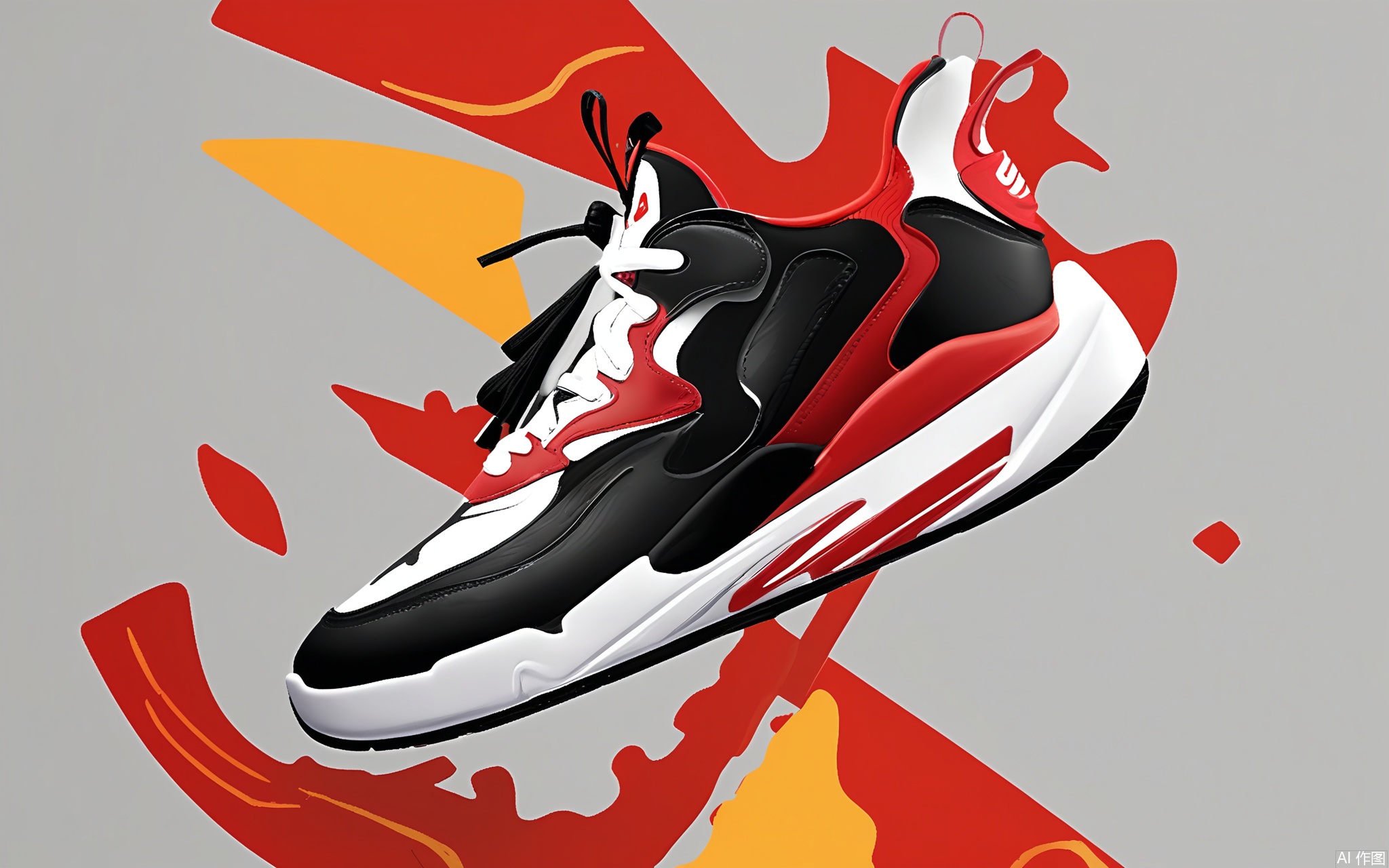 BNHB, Photograph of a black and red Nike Air Force 1 sneaker, taken from a slightly angled perspective. The shoe features a black mesh upper with red accents, a white midsole, and a red Nike swoosh. The background is abstract with swirling patterns in shades of red, orange, and gold, creating a dynamic and vibrant atmosphere. The shoe is well-lit, highlighting its details and textures. The overall style is modern and stylish, with a focus on the sneaker's design and color scheme.
