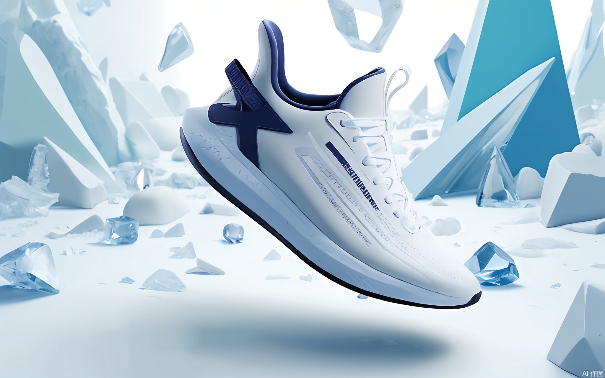 BNHB, A high-quality photograph of a single white sneaker with a dark blue swoosh, suspended in mid-air, surrounded by a surreal, icy landscape. The shoe is the focal point, with the background featuring jagged, crystalline structures in shades of blue, purple, and white, creating a dreamlike, otherworldly atmosphere. The lighting is soft and diffused, emphasizing the textures and details of both the shoe and the icy environment. The overall aesthetic is modern and stylish, with a focus on the contrast between the sleek shoe and the rough, crystalline backdrop.
