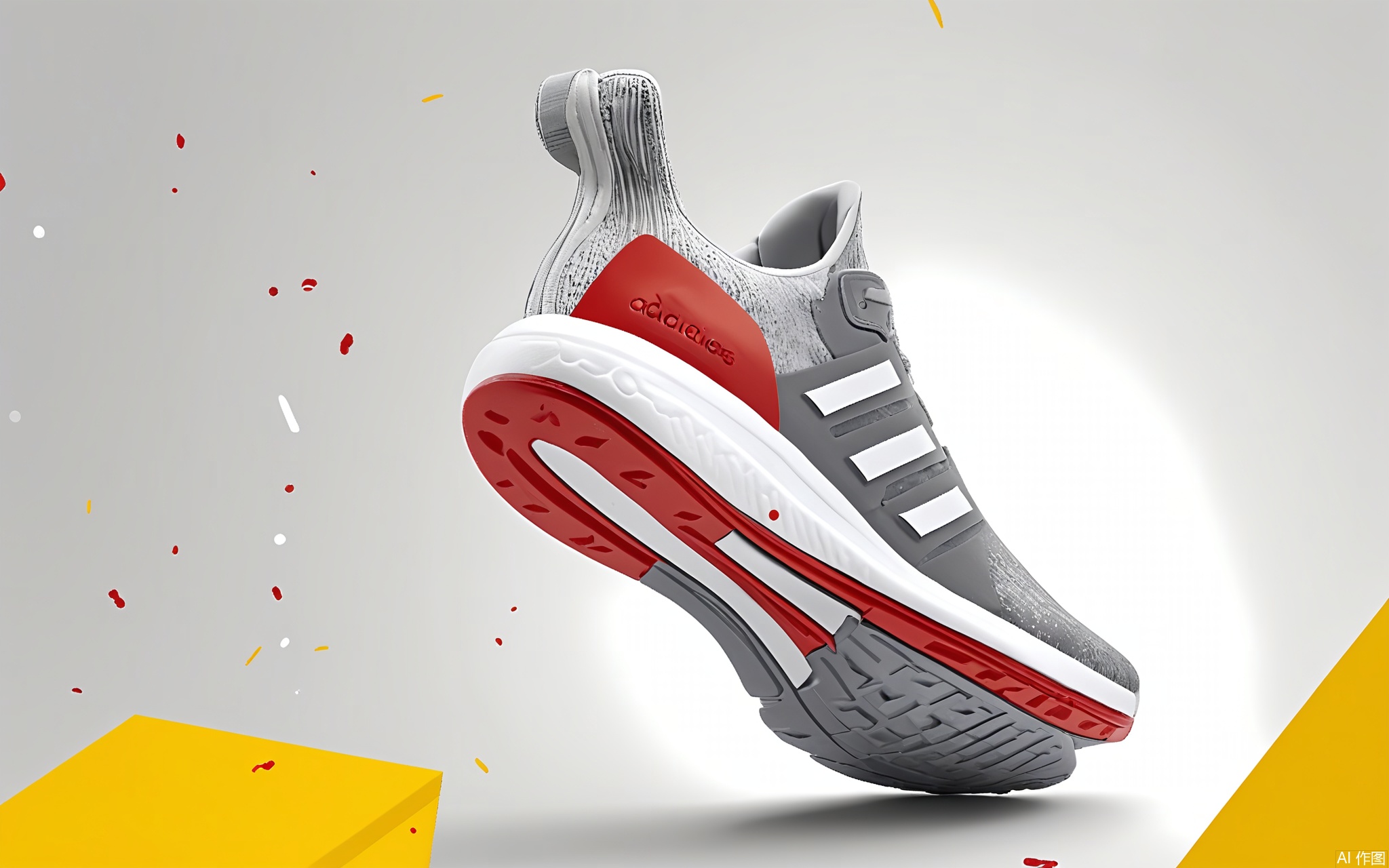 BNHB, A high-quality, digital 3D rendering of a pair of Adidas sneakers. The shoes are in a dynamic, floating pose, with the right shoe facing the viewer and the left shoe tilted to the side. The shoes feature a combination of white, yellow, and red accents, with a textured, rubber outsole. The background is a light, speckled gray with the Adidas logo and text "Originals" visible. The image is bright and vibrant, showcasing the shoes in a stylish and modern way. The shoes appear to be part of a campaign or advertisement.
