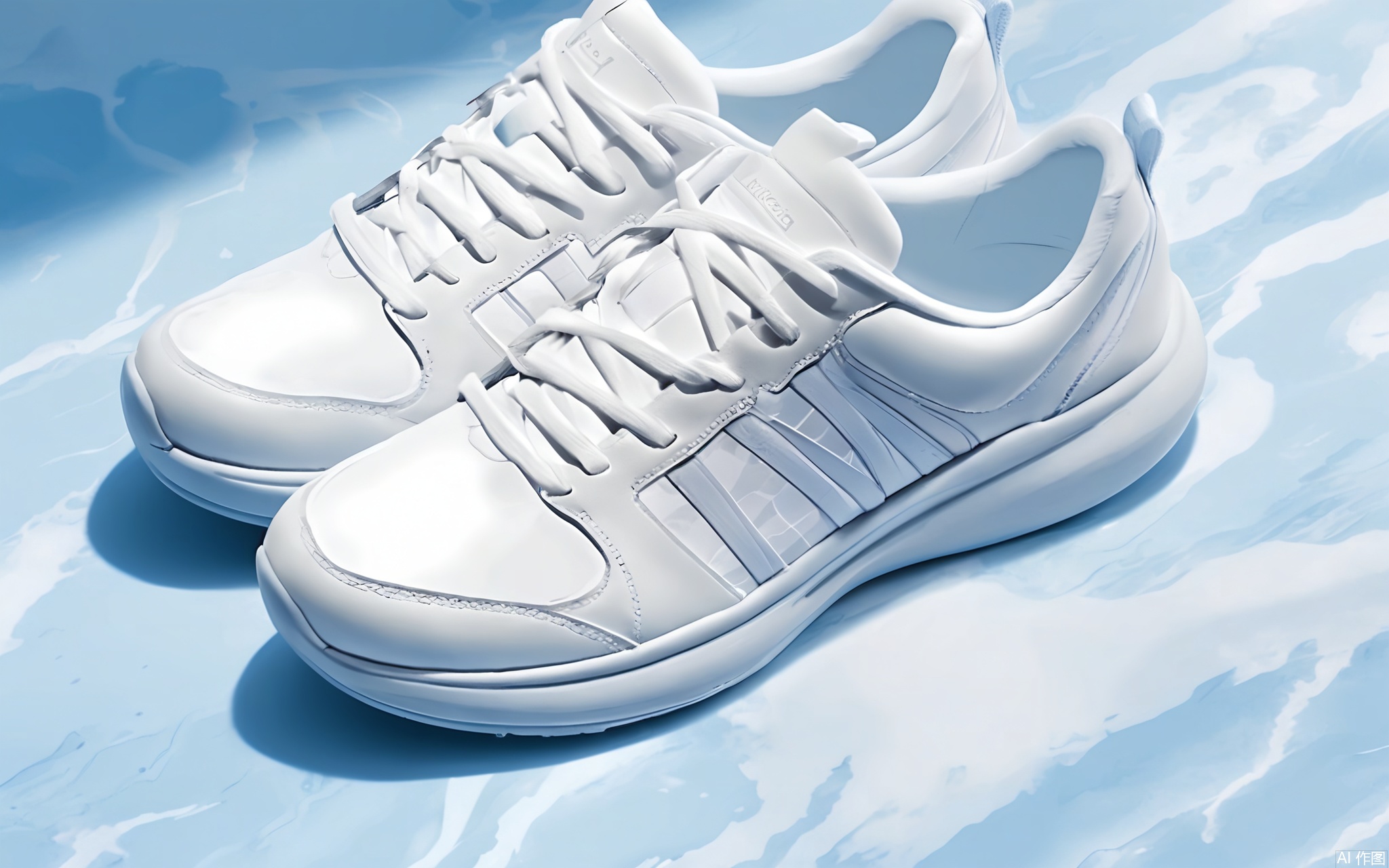 BNHB, Aerial photograph of a pair of white athletic shoes resting on a textured, blue surface. The shoes are placed side by side, facing the camera. They have a sleek design with visible mesh panels and laces. The blue surface has a wavy, marbled pattern with a soft, water-like texture. The lighting is soft and even, casting gentle shadows. The overall composition is clean and minimalistic, focusing on the shoes and their surroundings. The image has a calm and serene atmosphere.
