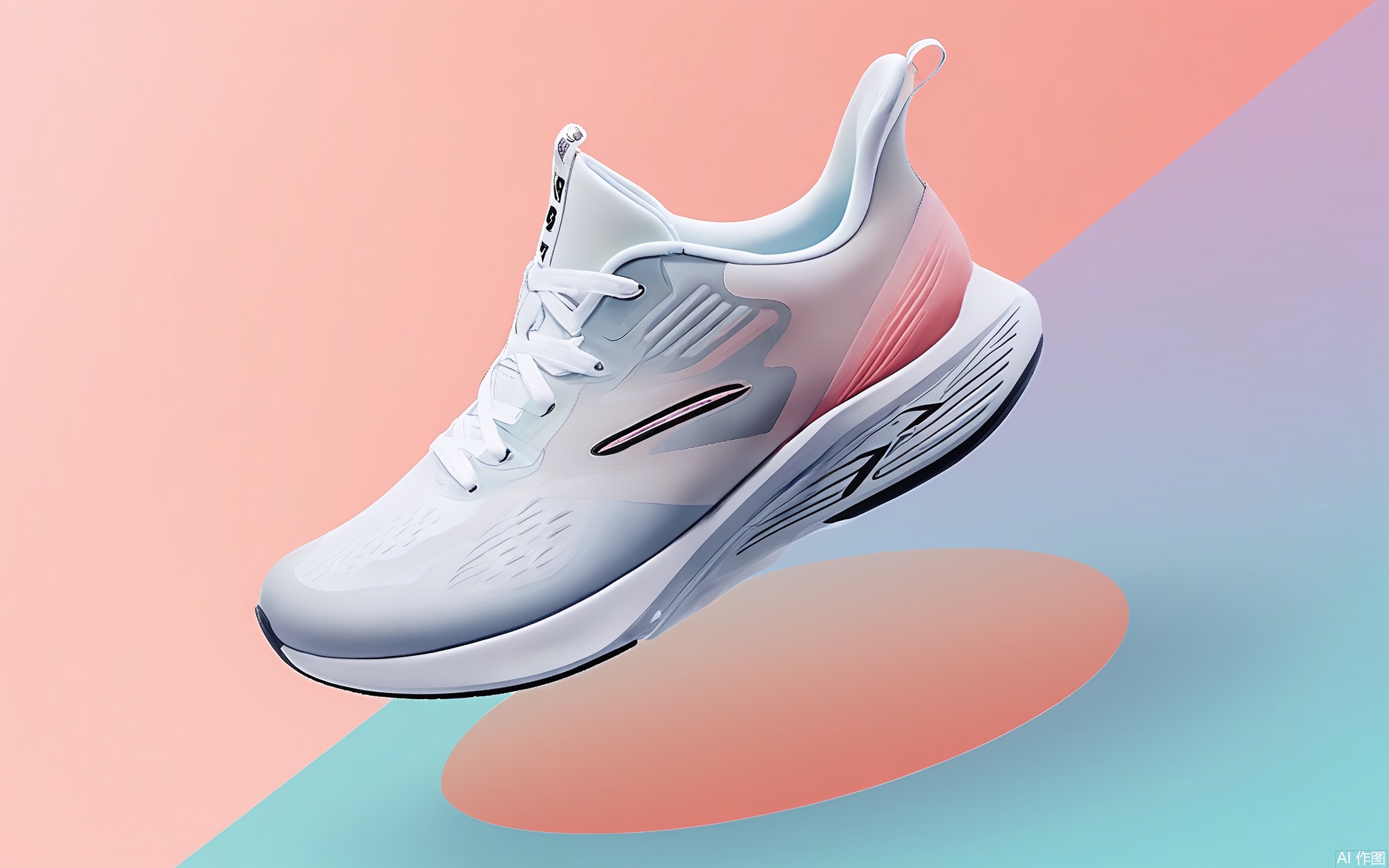 BNHB, Photograph of a high-performance running shoe, viewed from the side and slightly tilted. The shoe features a sleek, futuristic design with a predominantly white and black color scheme. It has a red and pink gradient section on the heel and a small circular logo on the back. The shoe's midsole is thick and cushioned, with a visible textured pattern for better grip. The background is a soft gradient of pastel colors, creating a modern and stylish aesthetic. The shoe's branding and model name are not visible. The image has a clean, minimalist composition, emphasizing the shoe's design and features.
