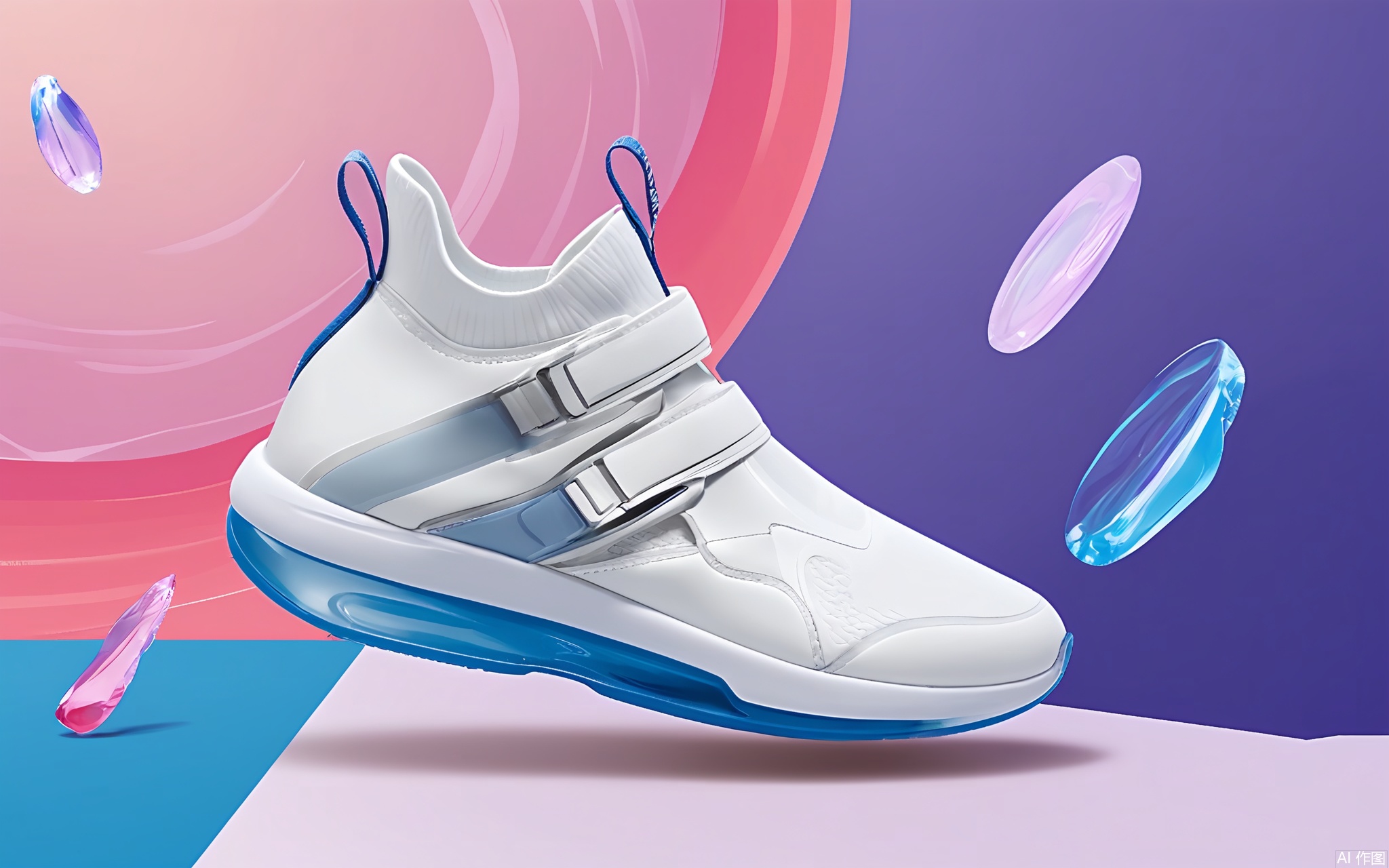 BNHB, A photograph of a sleek, white athletic shoe with a futuristic design, featuring a translucent midsole and a strap across the top. The shoe is set against a vibrant, abstract background with swirling patterns in shades of blue, pink, and purple, creating a dynamic and energetic atmosphere. The shoe's name, "INFINITE," is prominently displayed on the side. The overall aesthetic is modern and stylish, with a focus on innovative design and high-quality craftsmanship.
