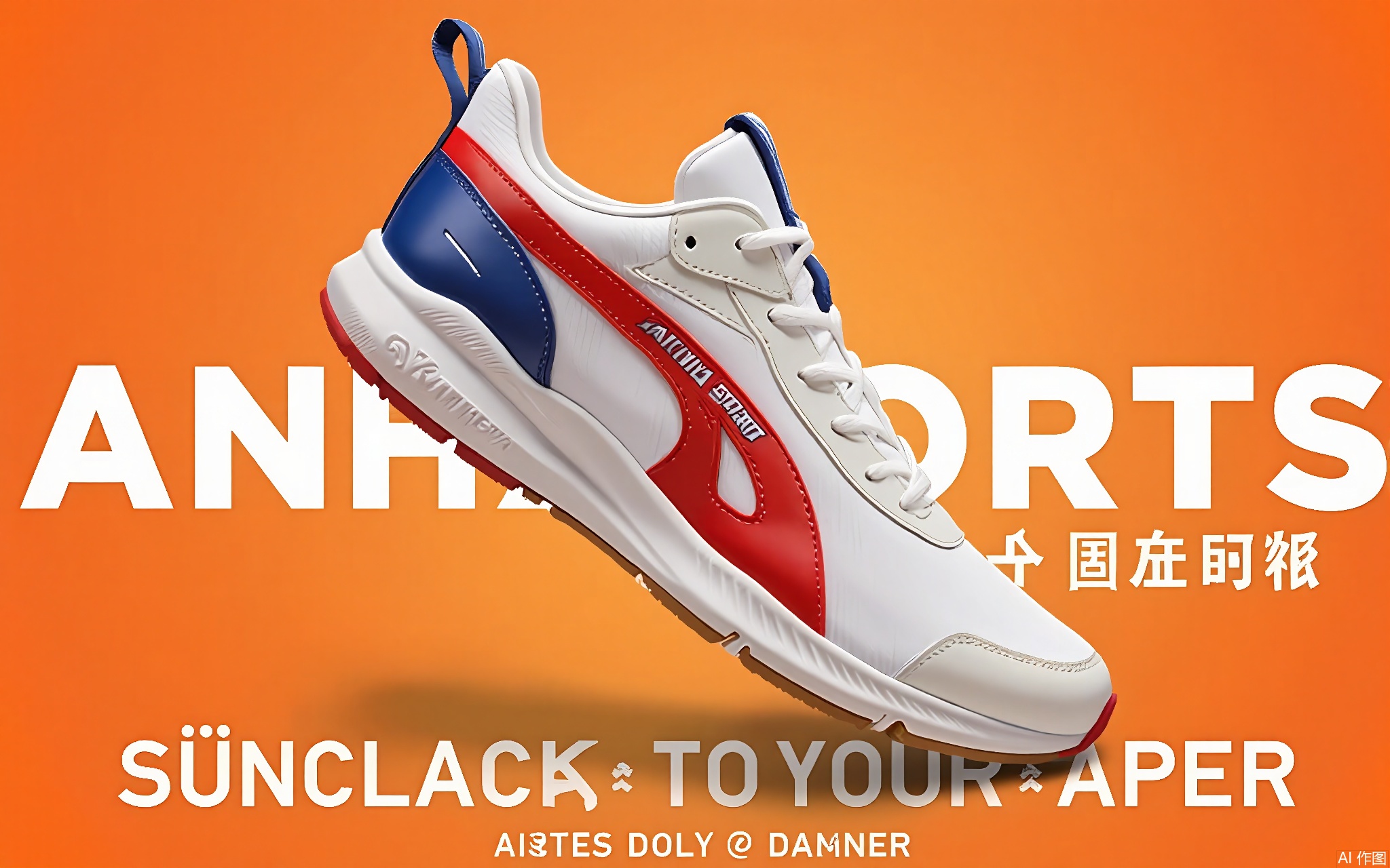 BNHB, Photograph of a pair of high-top sneakers with a vibrant, colorful design. The sneakers feature a predominantly white upper with red and blue accents. The left shoe is slightly overlaid on the right shoe, creating a dynamic composition. The background is a bold orange color with white text in English and Chinese promoting the sneakers. The text reads "ANIA Sports" and "Keep moving" with additional details about the product. The sneakers have a modern, sporty style with a mix of textures, including mesh and synthetic materials. The overall aesthetic is energetic and stylish.
