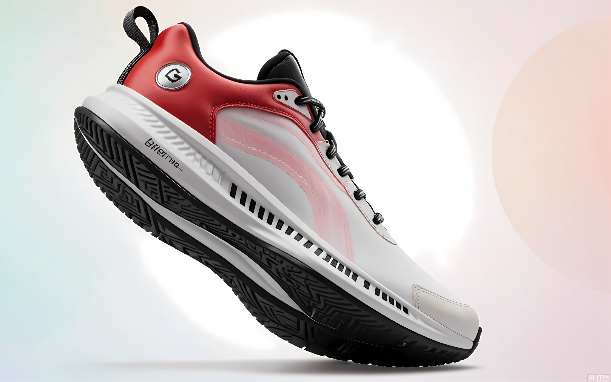 BNHB, Photograph of a high-performance running shoe, viewed from the side and slightly tilted. The shoe features a sleek, futuristic design with a predominantly white and black color scheme. It has a red and pink gradient section on the heel and a small circular logo on the back. The shoe's midsole is thick and cushioned, with a visible textured pattern for better grip. The background is a soft gradient of pastel colors, creating a modern and stylish aesthetic. The shoe's branding and model name are not visible. The image has a clean, minimalist composition, emphasizing the shoe's design and features.
