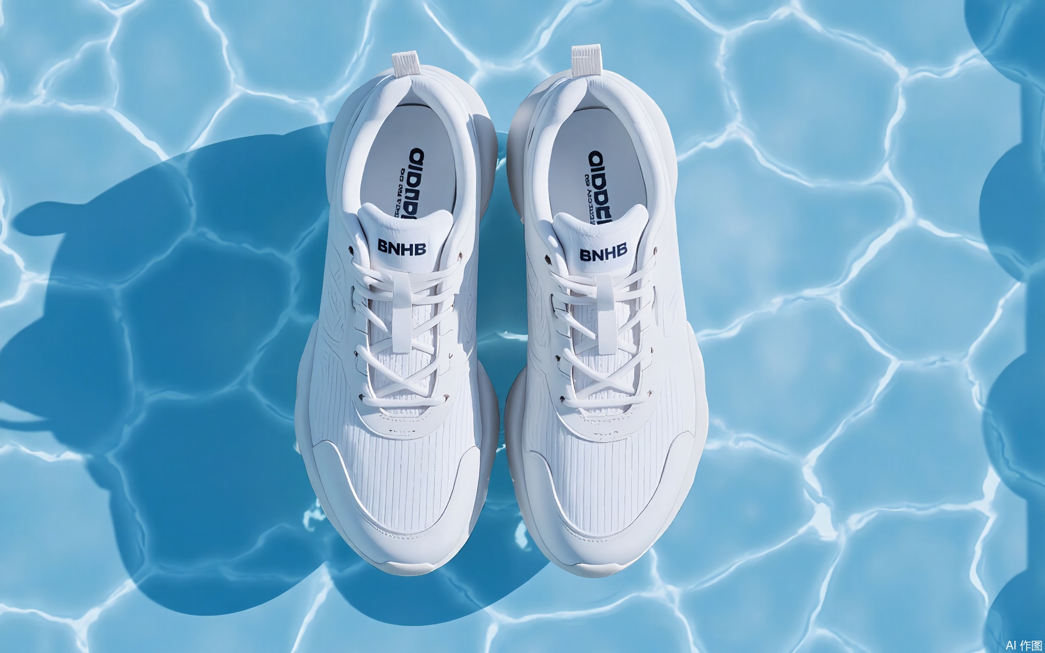 BNHB, Aerial photograph of a pair of white athletic shoes resting on a textured, blue surface. The shoes are placed side by side, facing the camera. They have a sleek design with visible mesh panels and laces. The blue surface has a wavy, marbled pattern with a soft, water-like texture. The lighting is soft and even, casting gentle shadows. The overall composition is clean and minimalistic, focusing on the shoes and their surroundings. The image has a calm and serene atmosphere.
