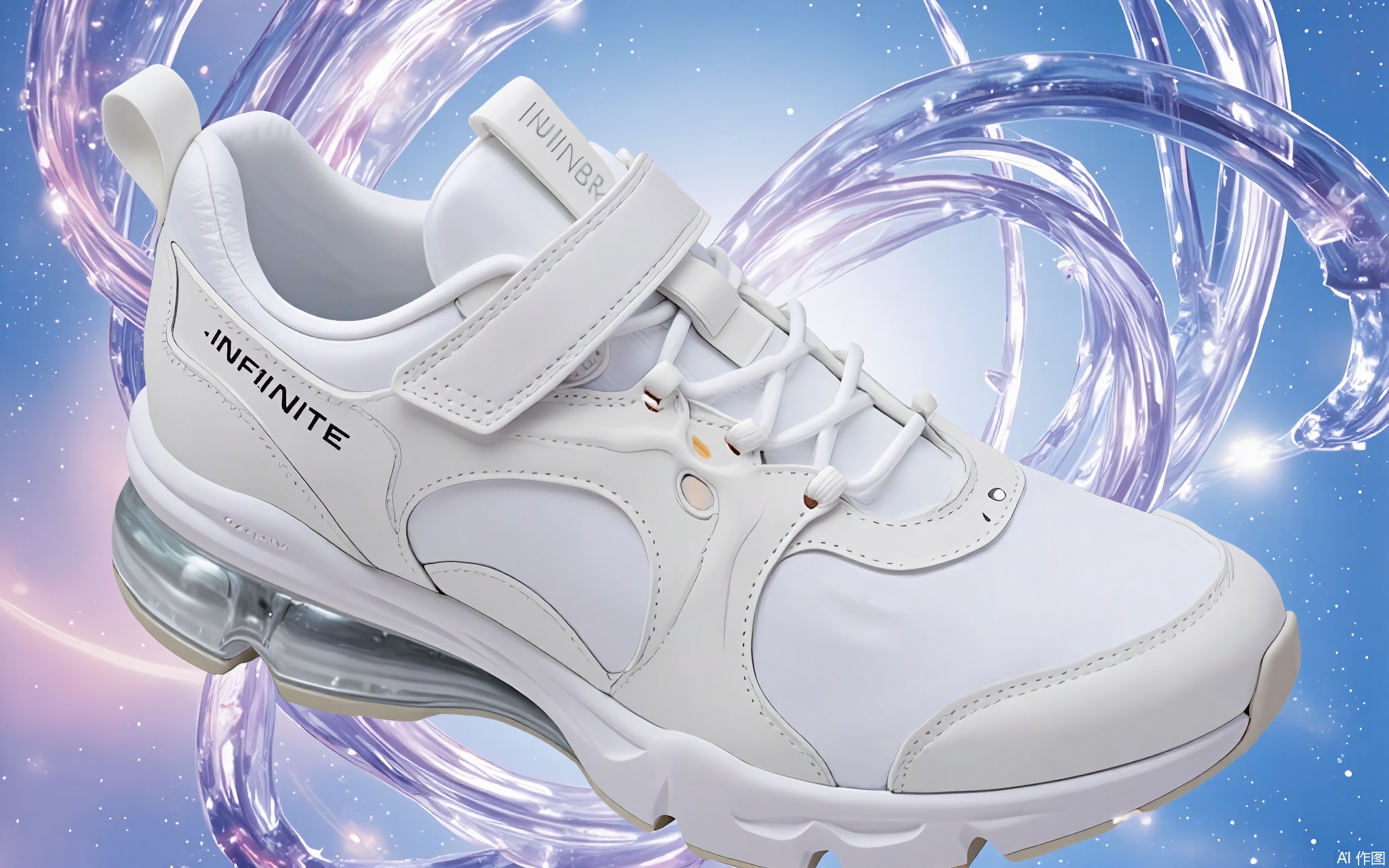 BNHB, A photograph of a sleek, white athletic shoe with a futuristic design, featuring a translucent midsole and a strap across the top. The shoe is set against a vibrant, abstract background with swirling patterns in shades of blue, pink, and purple, creating a dynamic and energetic atmosphere. The shoe's name, "INFINITE," is prominently displayed on the side. The overall aesthetic is modern and stylish, with a focus on innovative design and high-quality craftsmanship.
