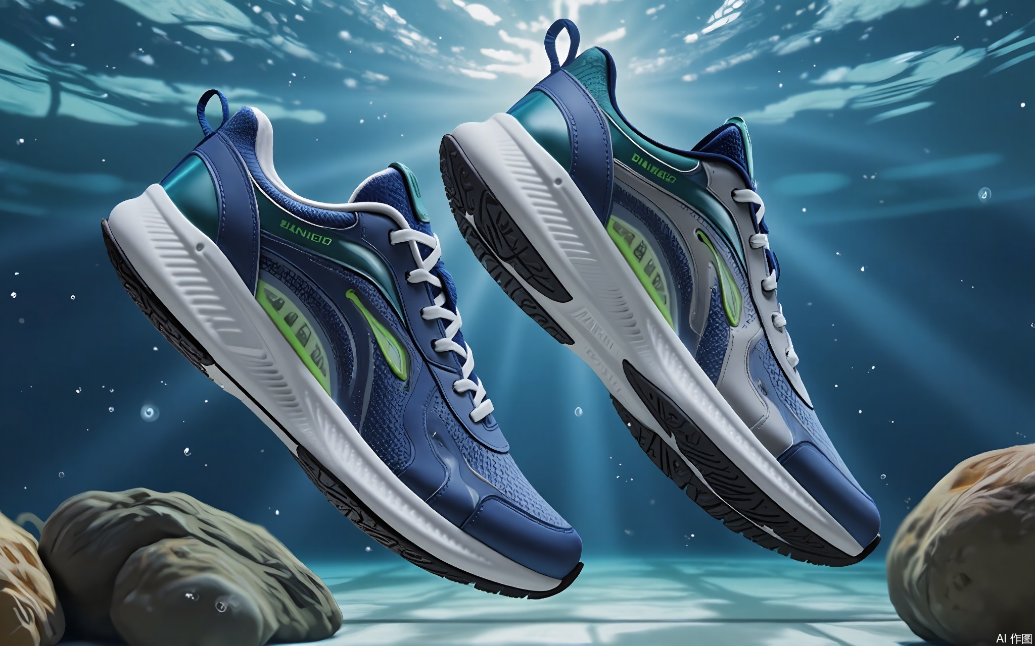 BNHB, Photograph of two high-tech, futuristic sneakers with a sleek, aerodynamic design, floating in a dynamic, underwater scene. The shoes are predominantly blue with white accents and have a mesh-like texture. They feature intricate patterns and a futuristic aesthetic with a hint of green accents. The background is a blurred, underwater environment with light rays and bubbles, creating a sense of motion and depth. The shoes are positioned in the foreground, one slightly above the other, emphasizing their design and style. The lighting is bright and highlights the reflective surfaces of the shoes.
