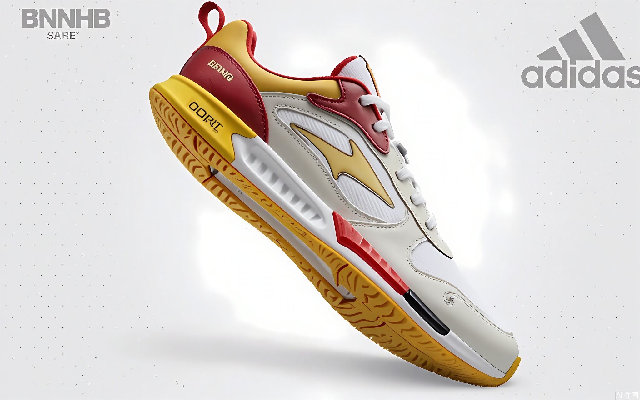 BNHB, A high-quality, digital 3D rendering of a pair of Adidas sneakers. The shoes are in a dynamic, floating pose, with the right shoe facing the viewer and the left shoe tilted to the side. The shoes feature a combination of white, yellow, and red accents, with a textured, rubber outsole. The background is a light, speckled gray with the Adidas logo and text "Originals" visible. The image is bright and vibrant, showcasing the shoes in a stylish and modern way. The shoes appear to be part of a campaign or advertisement.
