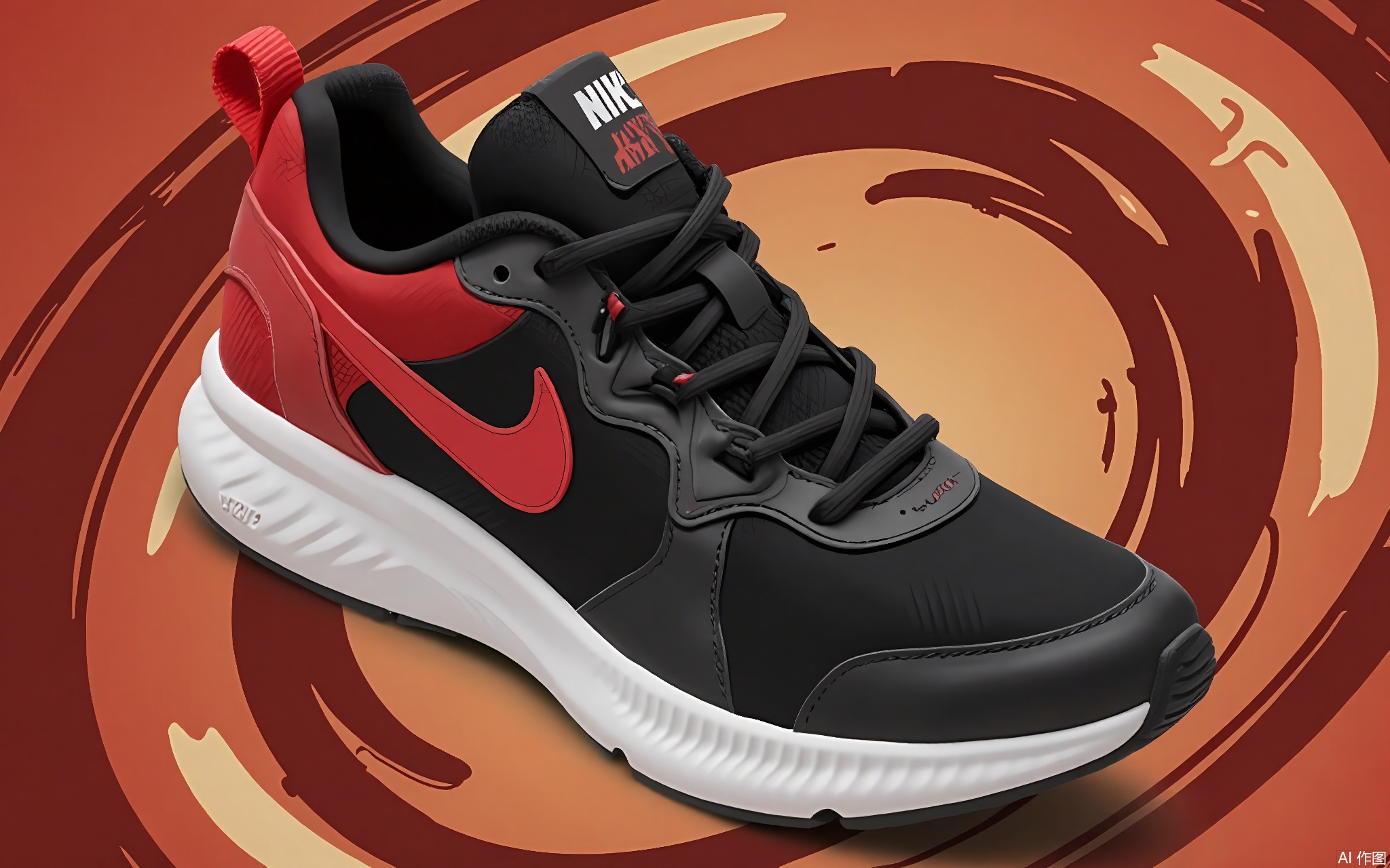 BNHB, Photograph of a black and red Nike Air Force 1 sneaker, taken from a slightly angled perspective. The shoe features a black mesh upper with red accents, a white midsole, and a red Nike swoosh. The background is abstract with swirling patterns in shades of red, orange, and gold, creating a dynamic and vibrant atmosphere. The shoe is well-lit, highlighting its details and textures. The overall style is modern and stylish, with a focus on the sneaker's design and color scheme.
