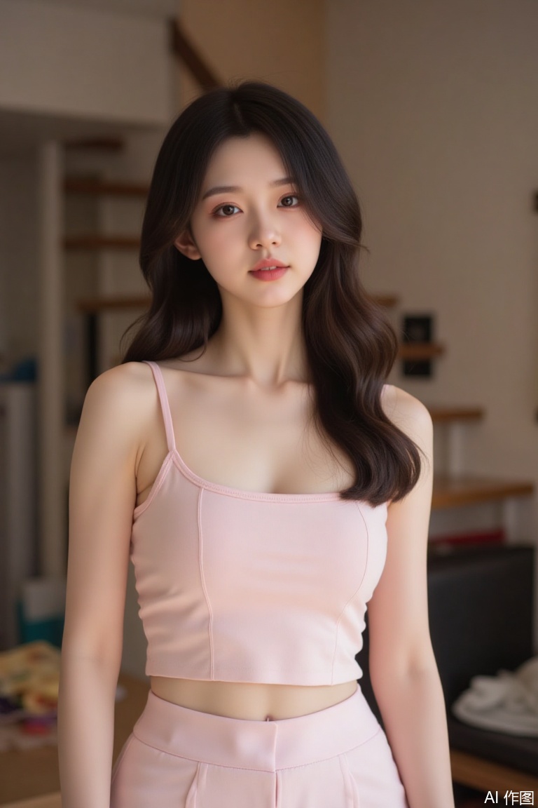 The image shows a young woman with long, wavy brown hair, wearing a light pink sleeveless top and matching pink bottoms. She is standing indoors, with a soft, natural light illuminating her face and upper body. The background is slightly blurred, featuring a staircase and some indistinct objects, suggesting a domestic or casual setting. The overall atmosphere is serene and warm, with a focus on the woman's gentle expression and delicate features.
