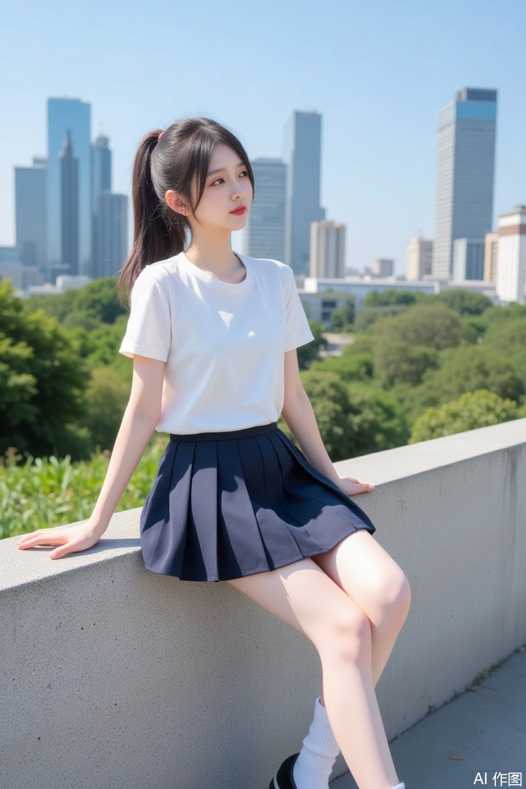 The image shows a young woman sitting on a concrete ledge. She is wearing a white short-sleeved top and a navy blue pleated skirt. Her outfit is complemented by white socks and black shoes. She has long, dark hair tied into a ponytail. The background features a cityscape with tall buildings, some greenery, and a clear blue sky. The setting appears to be outdoors, possibly in an urban park or a similar area.
