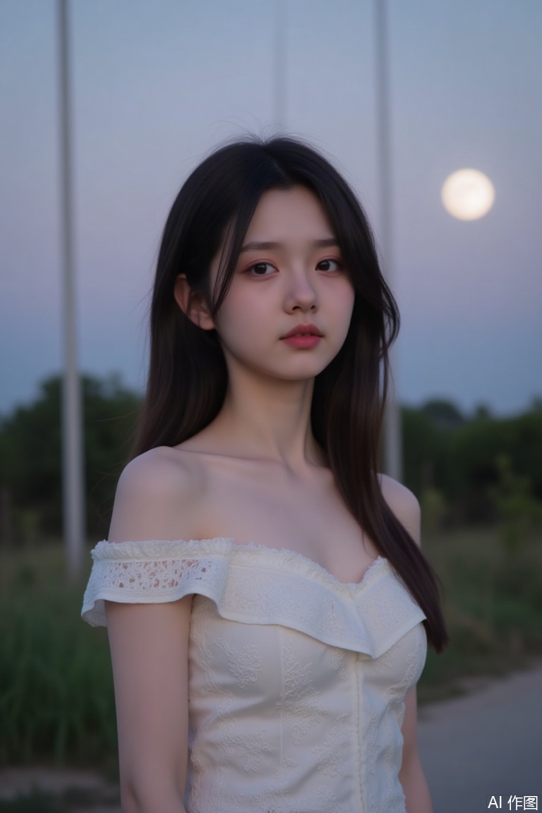 The image shows a young woman standing outdoors during what appears to be dusk or dawn. She is wearing a white, off-shoulder top with intricate lace detailing. Her hair is long and slightly wavy, cascading over her shoulders. The background is softly blurred, featuring a few tall poles and some greenery, with a bright, full moon visible in the sky, creating a serene and tranquil atmosphere.
