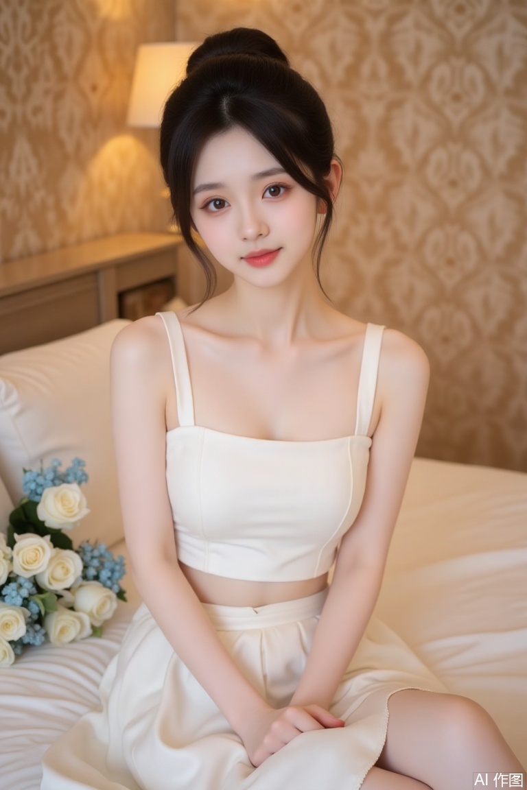 The image shows a young woman sitting on a bed or sofa. She is wearing a white sleeveless crop top and a white skirt. Her hair is styled in an elegant updo, and she is looking directly at the camera with a soft expression. The background features a patterned wallpaper with a warm, golden hue, and there is a bouquet of white flowers with blue accents on the bed or sofa she is sitting on. The overall setting appears to be indoors, with soft lighting that creates a warm and serene atmosphere.