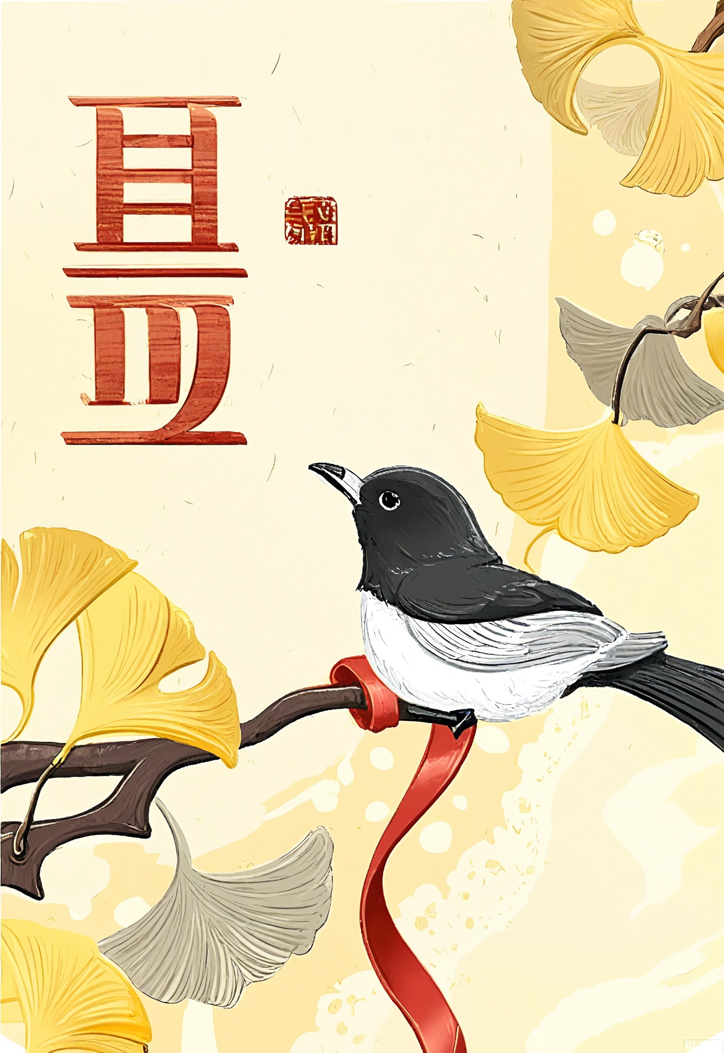 JQCH, A digital illustration featuring a black and white bird perched on a branch, surrounded by yellow ginkgo leaves. The bird has a sleek, glossy texture with a long tail and a red ribbon tied around it. The background is a light beige color with a subtle, textured pattern. The bird is facing left, with its wings slightly spread. Japanese characters are written in red on the right side of the image, and a small red and white bird is perched on a nearby branch. The style is reminiscent of traditional Japanese art with a modern twist.
