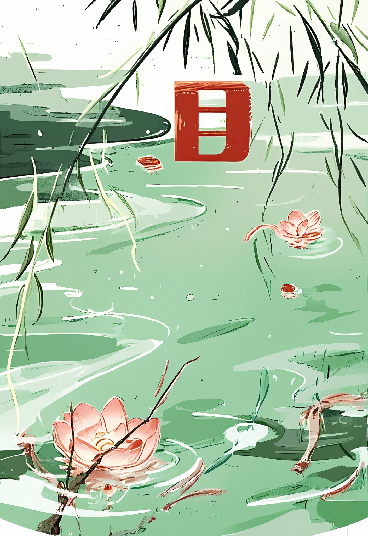 JQCH, A serene, minimalist digital illustration of a pond with a single lotus flower in bloom. The water is calm, with gentle ripples and reflections. The pond is surrounded by lush, green foliage, and a few willow branches hang down. The background is a soft, muted green, with a subtle, textured pattern. In the top right corner, there is a traditional Chinese character in red, and a small, red square below it. The overall color palette is soft and soothing, with a focus on natural elements.
