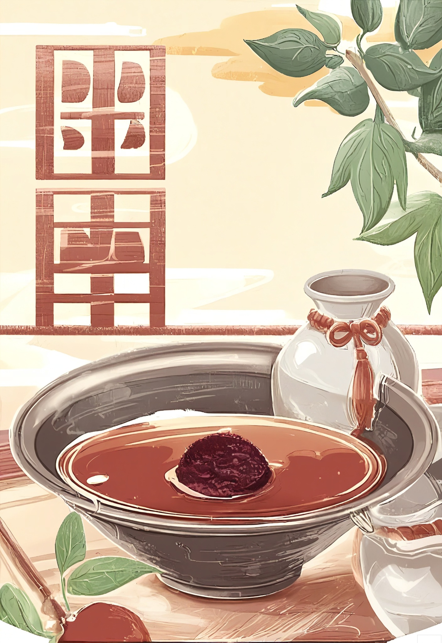 JQCH, A digital illustration in a traditional Japanese style featuring a bowl of red bean paste with a green leaf on the left. Behind the bowl are a ceramic teapot and a teacup with steam rising from them. The background is a soft beige with white Japanese characters. The image has a serene, tranquil atmosphere with a focus on simplicity and natural elements.

