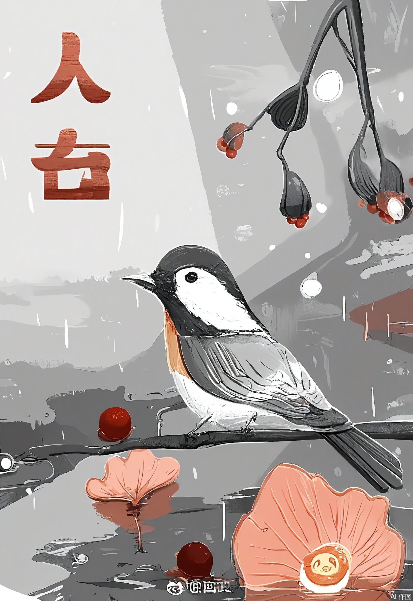 JQCH, A digital painting featuring a small bird perched on a branch, surrounded by autumnal foliage. The bird has brown and white feathers and is facing right. The background includes large, dried lotus flowers with intricate details and a few small red berries. The color palette is predominantly earthy tones with shades of brown, beige, and gray. The style is reminiscent of traditional East Asian art, with delicate brushstrokes and a serene, tranquil atmosphere. The artist's signature is visible in the upper right corner, and the text "平安" (meaning "peace" in Japanese) is written vertically on the right side.
