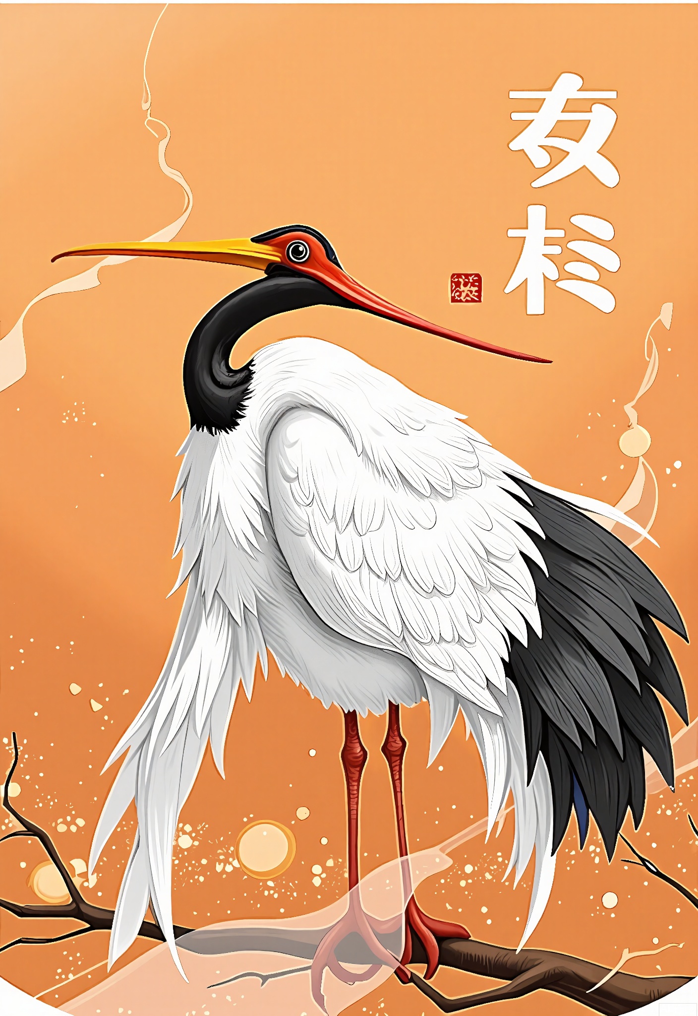 JQCH, A digital illustration featuring a majestic white crane with black wing tips and a long, slender yellow beak, standing on one leg in a graceful pose. The background is a warm, earthy brown with soft, glowing light effects. The crane is surrounded by delicate, flowing lines and abstract shapes, giving it a serene and mystical atmosphere. Japanese kanji characters are prominently displayed in white on the right side of the image. The overall style is reminiscent of traditional Japanese art with modern digital effects.
