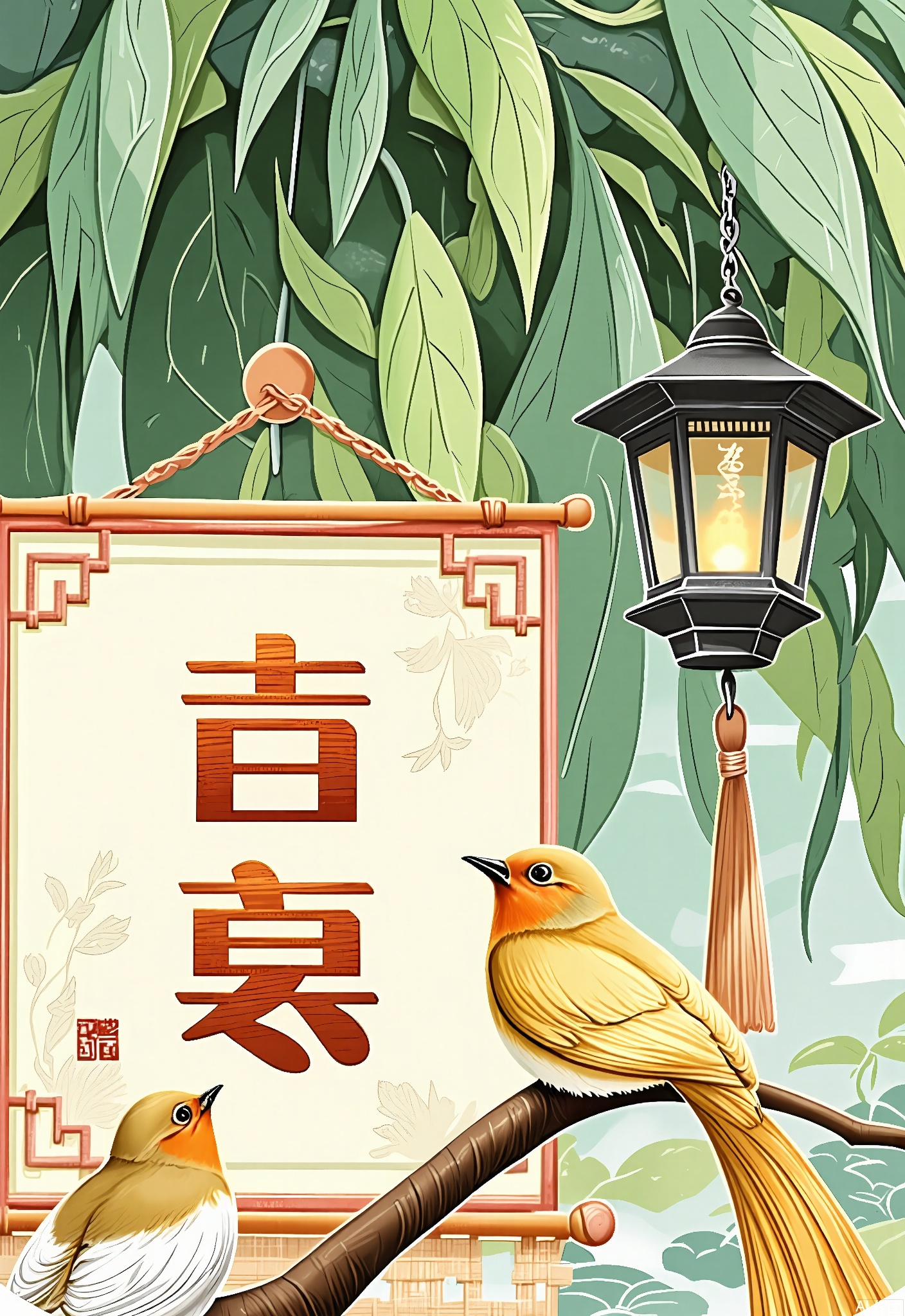 JQCH, A digital illustration featuring two small, yellow birds perched on a traditional Japanese shoji screen. The birds have delicate wings and are looking upwards. The screen is decorated with intricate patterns and a red and white Japanese character. Hanging from the top right corner is a traditional Japanese lantern. The background is filled with lush green foliage and vines, adding a serene and natural feel to the scene. The style is reminiscent of traditional Japanese art, with soft colors and delicate lines.
