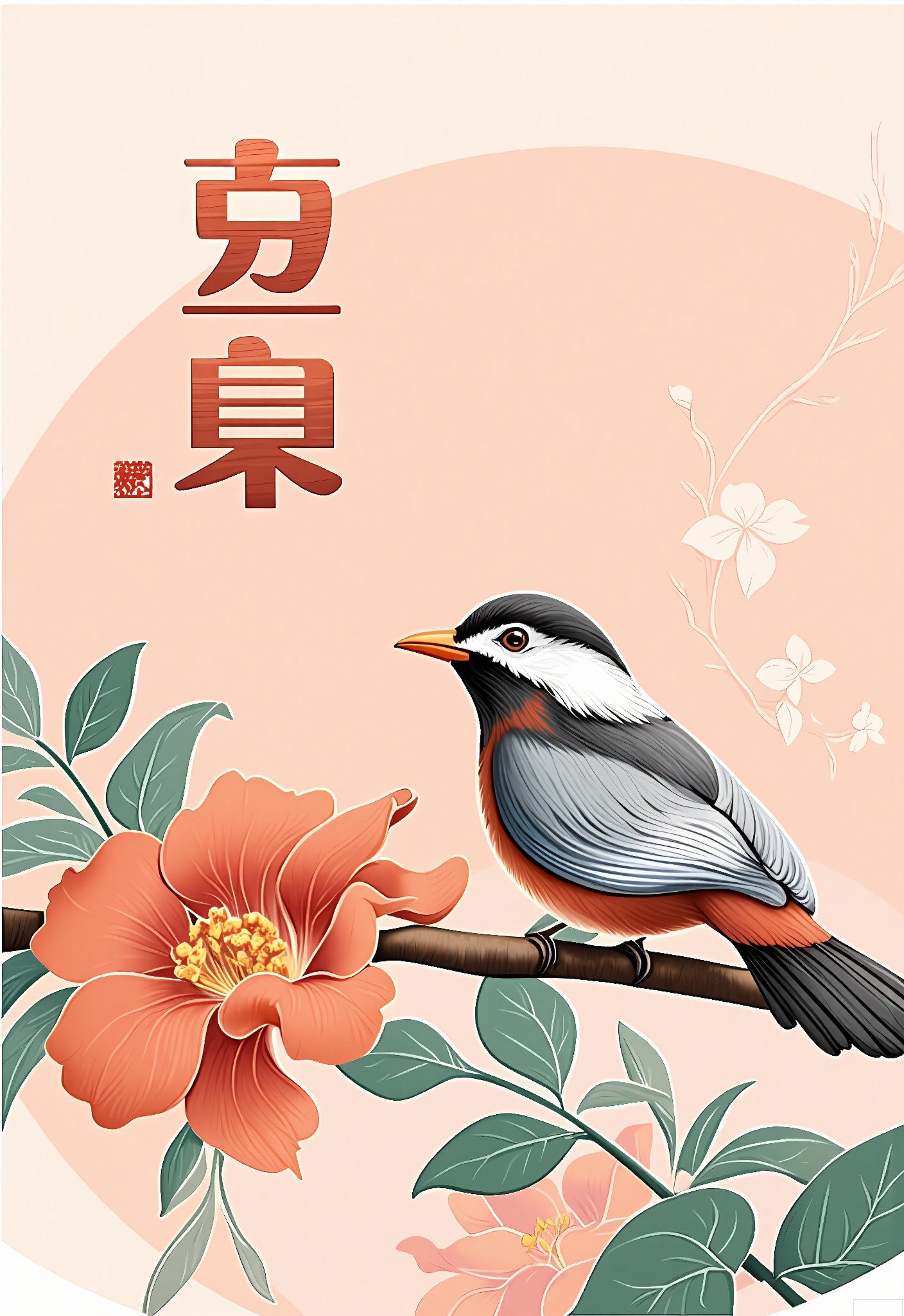 JQCH, A digital illustration in a traditional Chinese style features a small bird with a grey and white head, red and black body, perched on a branch of a blooming flower. The background has a soft peach color with a large, semi-transparent circle. The bird is detailed with fine lines and shading, and the leaves and petals have a soft, textured appearance. The bird is facing right, with its beak open as if singing. The image has a serene and elegant feel.
