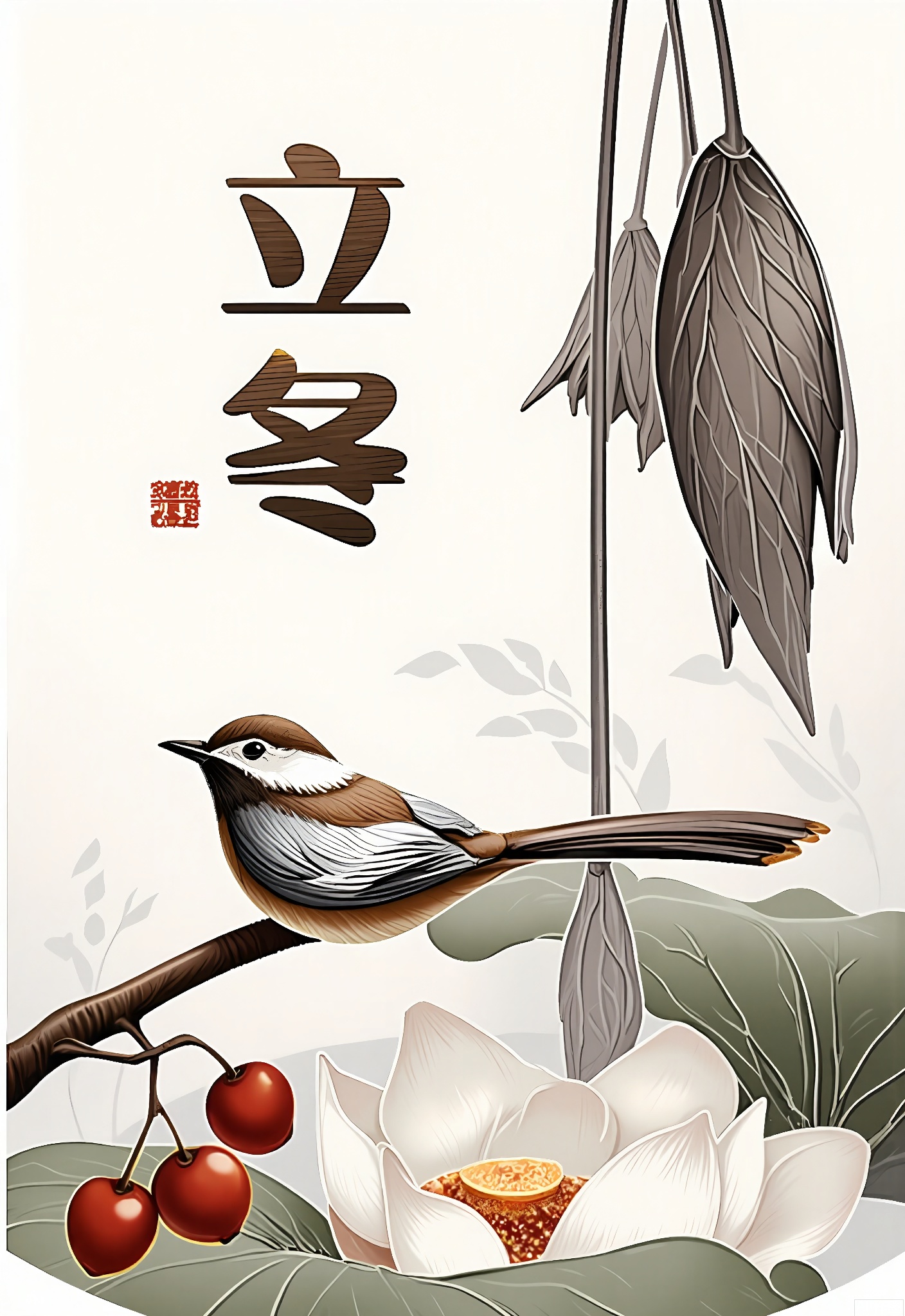 JQCH, A digital painting featuring a small bird perched on a branch, surrounded by autumnal foliage. The bird has brown and white feathers and is facing right. The background includes large, dried lotus flowers with intricate details and a few small red berries. The color palette is predominantly earthy tones with shades of brown, beige, and gray. The style is reminiscent of traditional East Asian art, with delicate brushstrokes and a serene, tranquil atmosphere. The artist's signature is visible in the upper right corner, and the text "平安" (meaning "peace" in Japanese) is written vertically on the right side.
