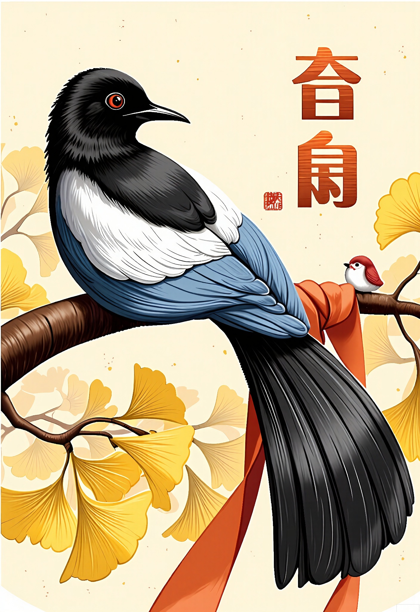 JQCH, A digital illustration featuring a black and white bird perched on a branch, surrounded by yellow ginkgo leaves. The bird has a sleek, glossy texture with a long tail and a red ribbon tied around it. The background is a light beige color with a subtle, textured pattern. The bird is facing left, with its wings slightly spread. Japanese characters are written in red on the right side of the image, and a small red and white bird is perched on a nearby branch. The style is reminiscent of traditional Japanese art with a modern twist.
