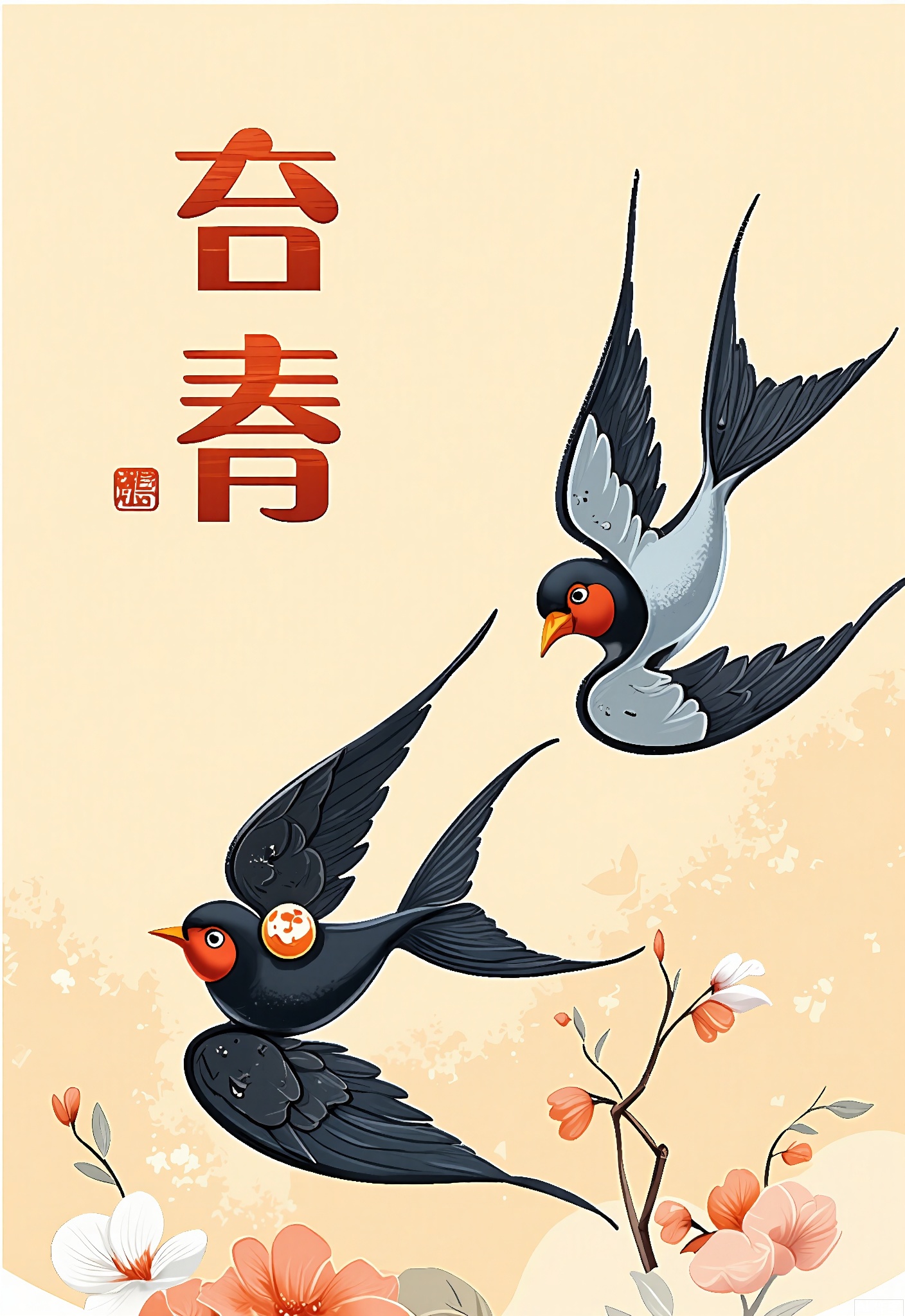 JQCH, A traditional Japanese woodblock print featuring two birds flying in a stylized manner. The birds have intricate black and white feathers with red accents on their heads. One bird has a small, round, red face. The background is a light beige with a subtle floral pattern. Red Chinese characters are written vertically on the left side. The print has a delicate, elegant feel, typical of ukiyo-e art.
