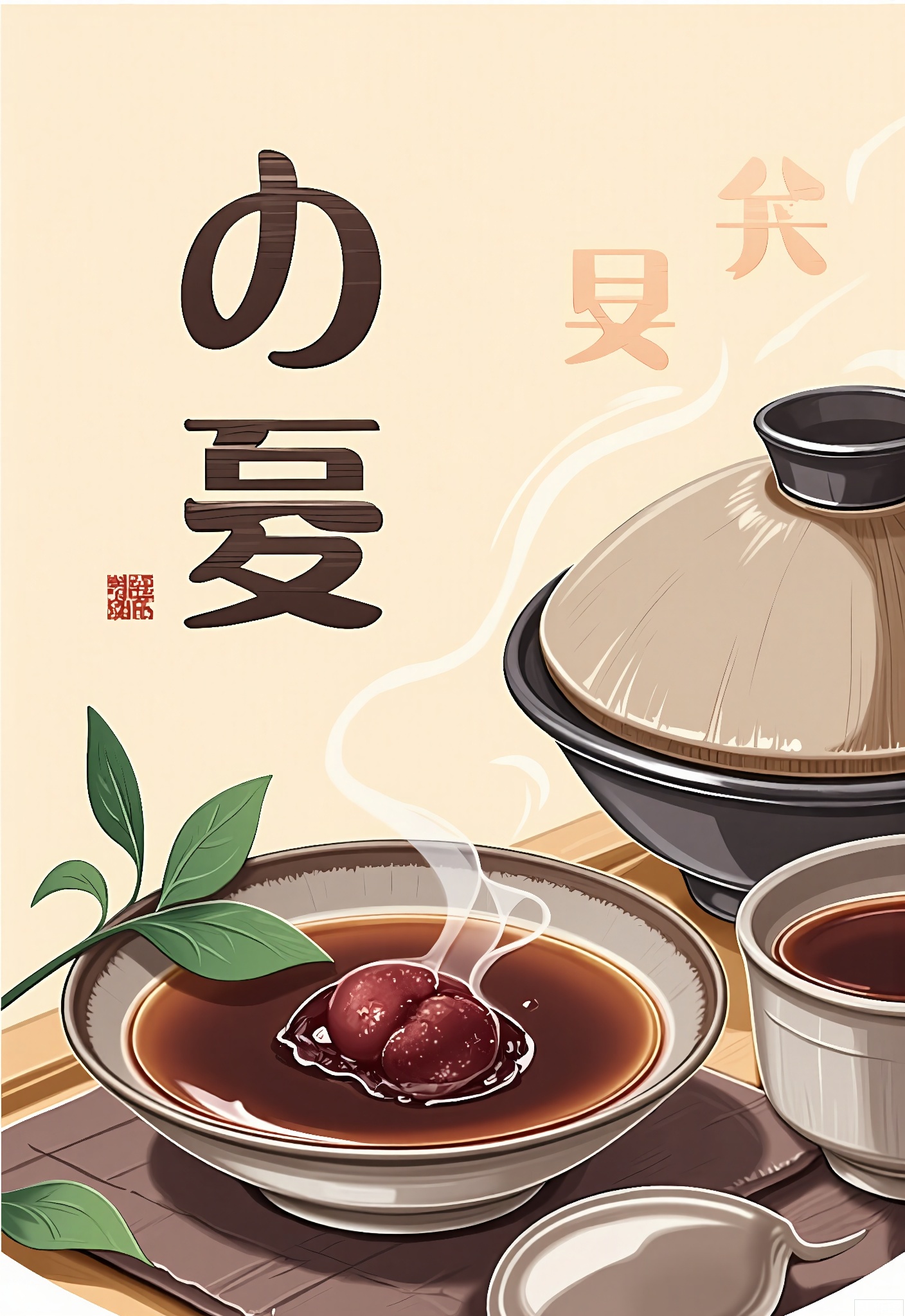 JQCH, A digital illustration in a traditional Japanese style featuring a bowl of red bean paste with a green leaf on the left. Behind the bowl are a ceramic teapot and a teacup with steam rising from them. The background is a soft beige with white Japanese characters. The image has a serene, tranquil atmosphere with a focus on simplicity and natural elements.
